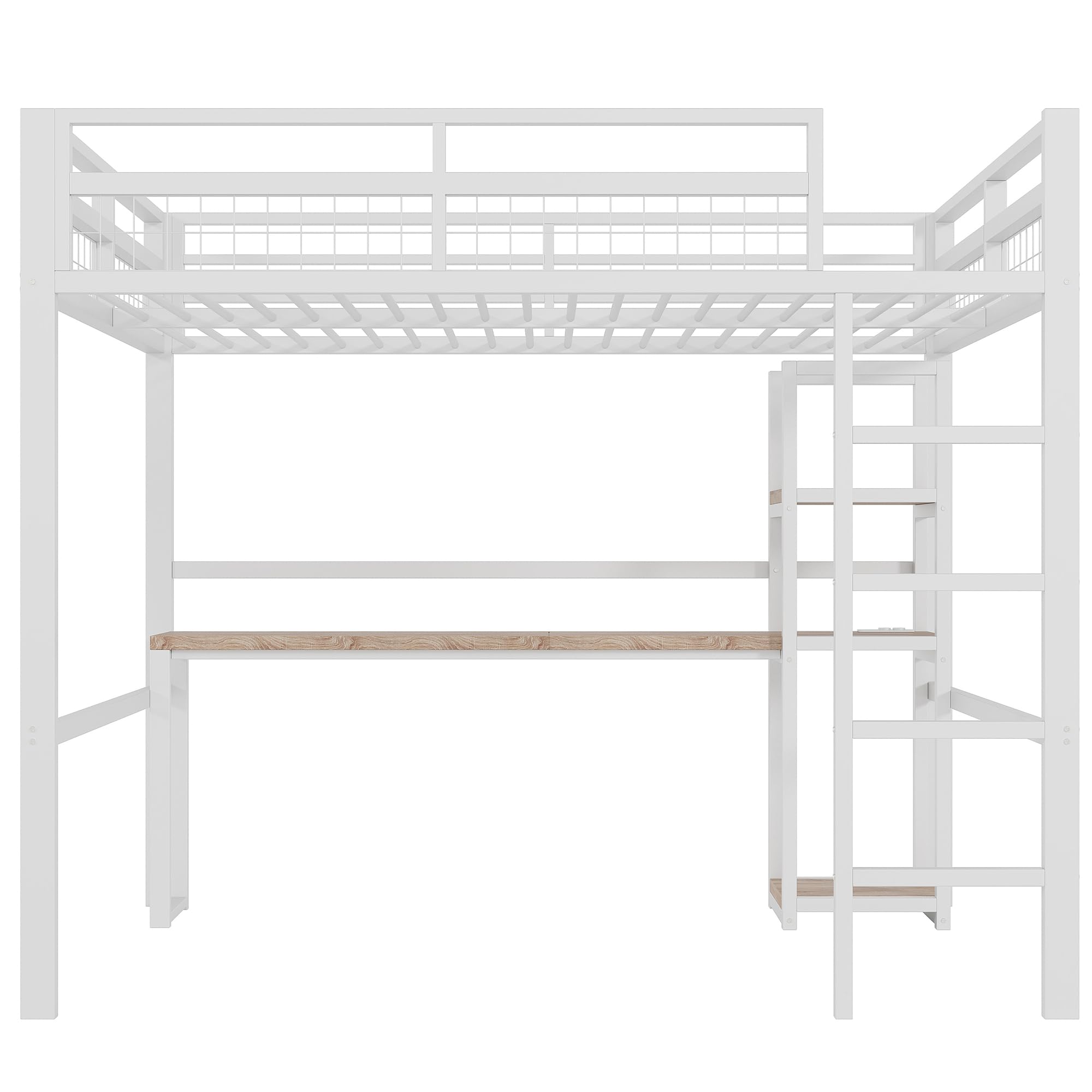 Letto a soppalco in metallo, 140 x 200 cm, scrivania con presa e scaffale, con ricarica USB + Type-c, per bambini, ragazzi e adulti, letto a castello, senza materasso (bianco)