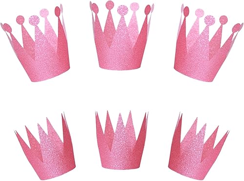 MKYSZLT 6 sombreros de corona con purpurina de papel, coronas de príncipe de princesa para niños, 6 sombreros de fiesta rosados, coronas de