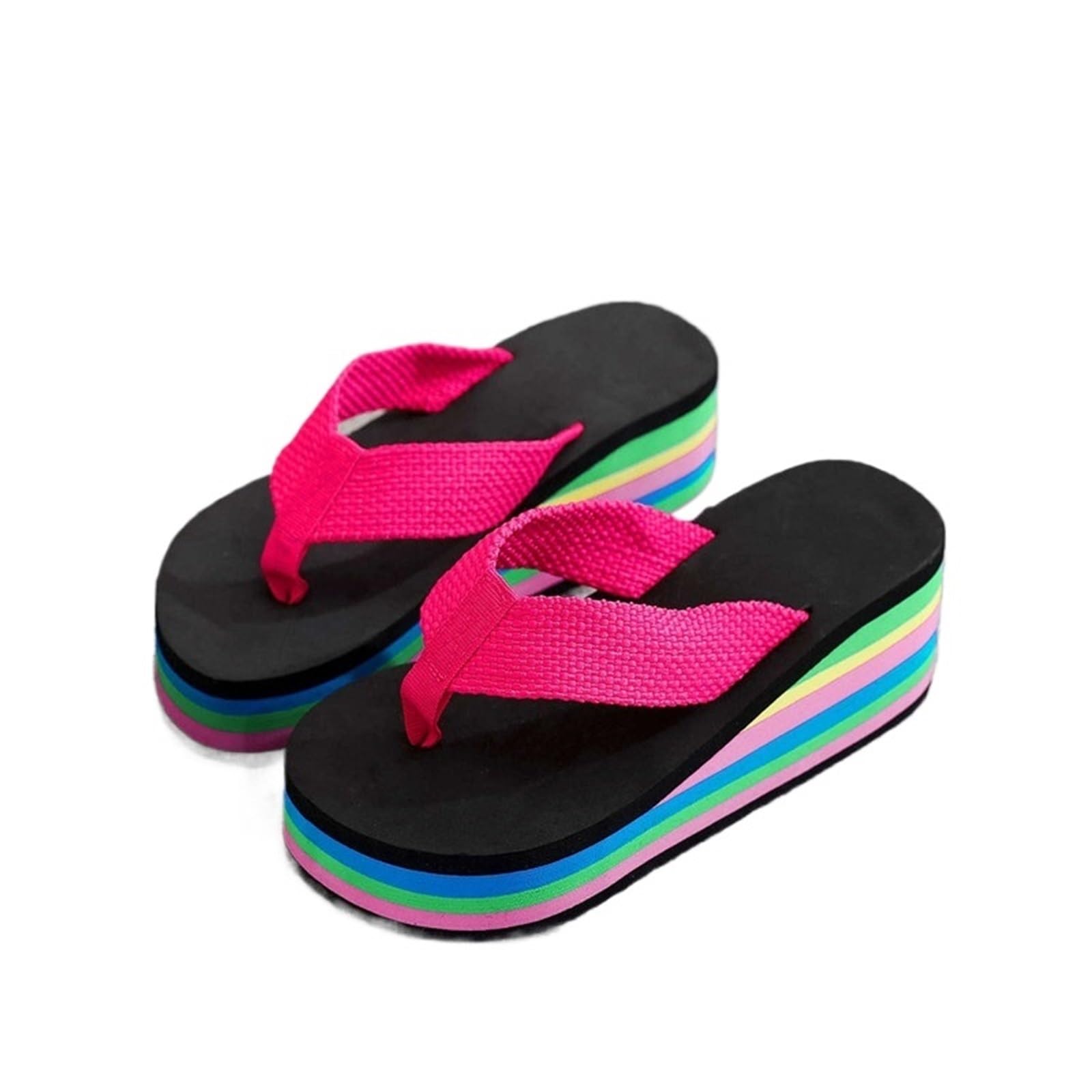ERHTGUO Women's Rainbow Color Platform Flip Flops Summer Thick Sole Lightweight Slip-on Wedges Sandals Beach Slippers(Rosered,37)