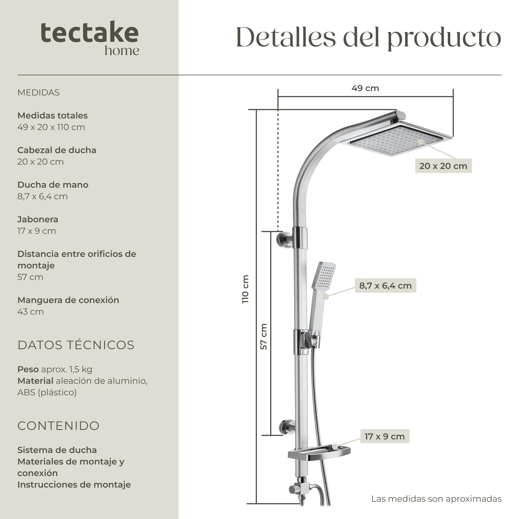 tectake® Conjunto de Ducha con Rociador de Hidromasaje de Aluminio con Grifo Ducha, Duchas de Baño con Alcachofa con Junta Esférica, Bandeja y Barra Regulable, Columna Hidromasaje - Gris