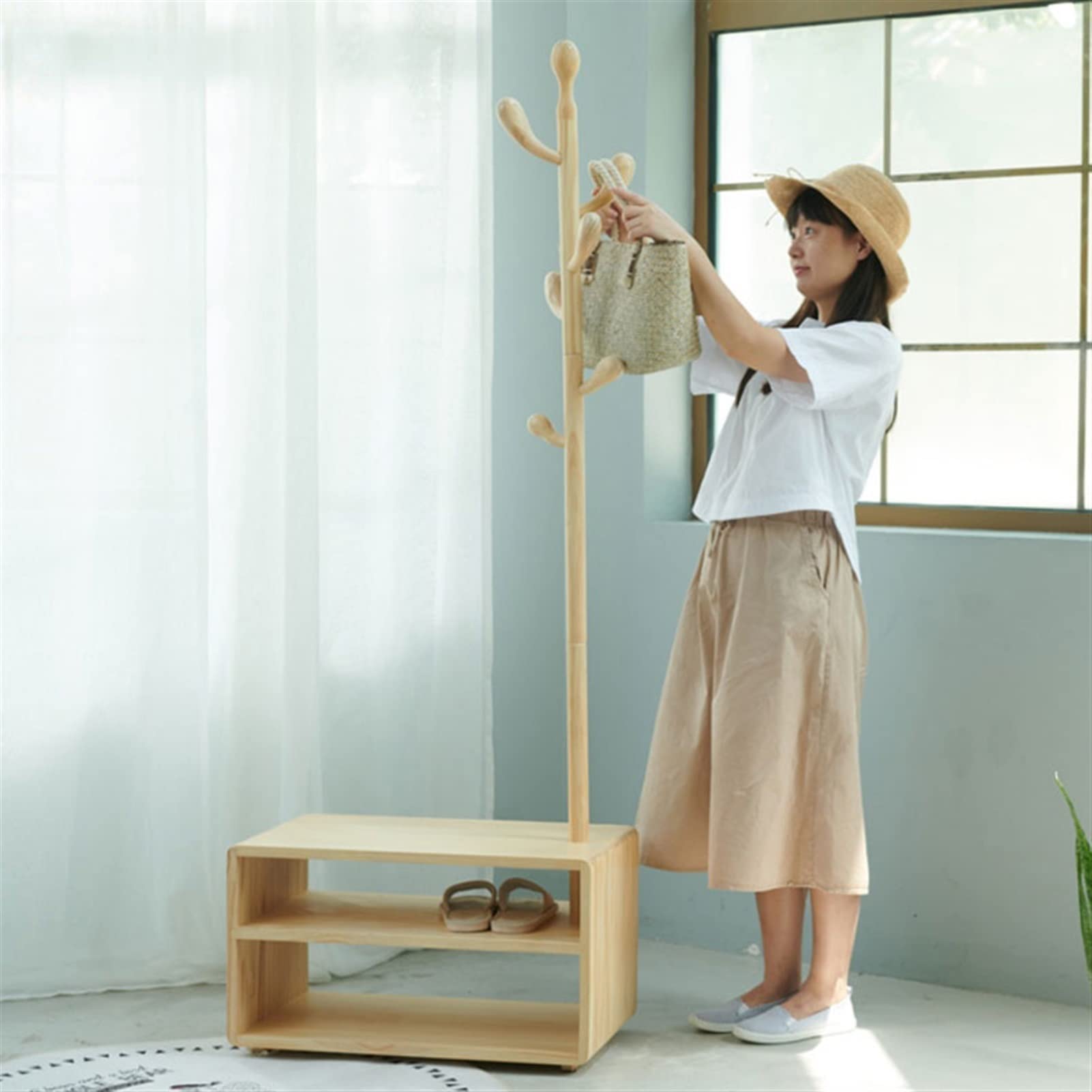 3-in-1 Wooden Shoe Rack & Coat Stand, Simple Storage Shelf with Entryway Bench, Stylish Hallway nizer, Multifunctional Entryway Furniture (M)
