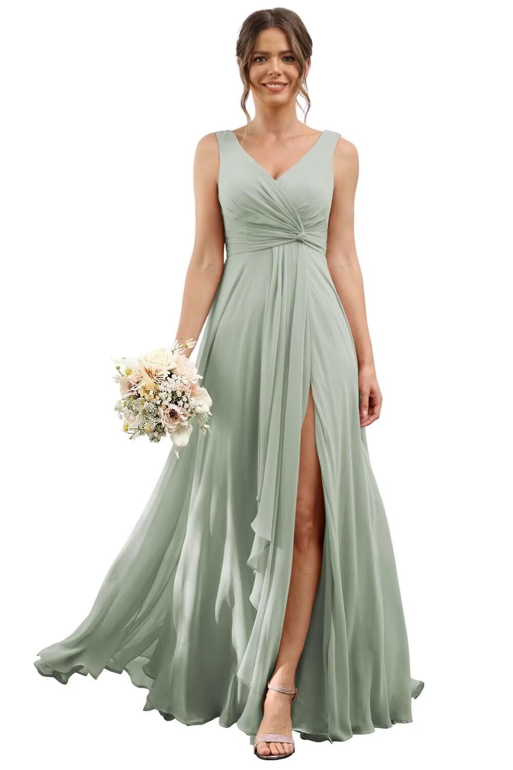 RSOETOOChiffon Bridesmaid Dresses with Pockets A-line Ruffles Long Chiffon Formal Party Dress with Slit RO056