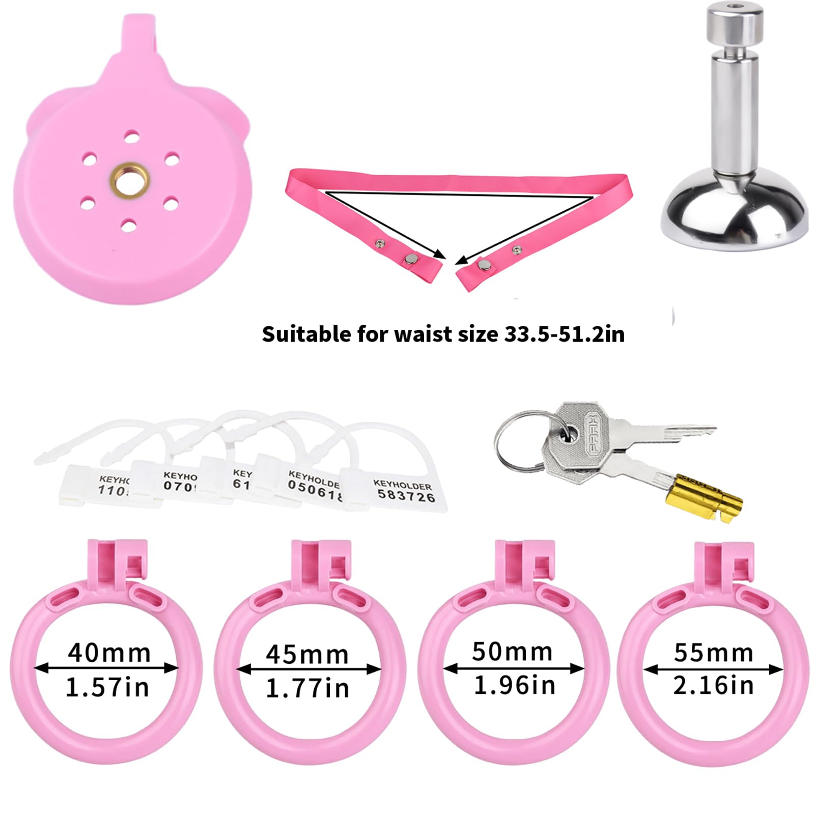 SeLgurFos jaula de castidad para hombre con 4 anillos 40 a 55mm diseño plano con soporte urinario material ABS cinturón de castidad juguetes sexuales (Pink+belt)