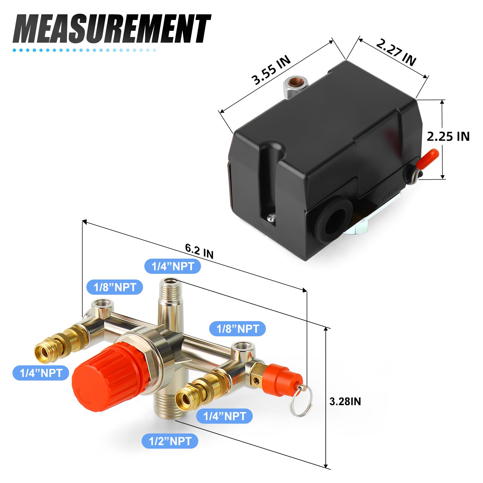 MEANLIN MEASURE Pressostat pour compresseur d'air - Valve de commande 95-125 PSI 110 V-240 V - Pièces de rechange 1 voie avec manomètre 0-180 et régulateur de collecteur