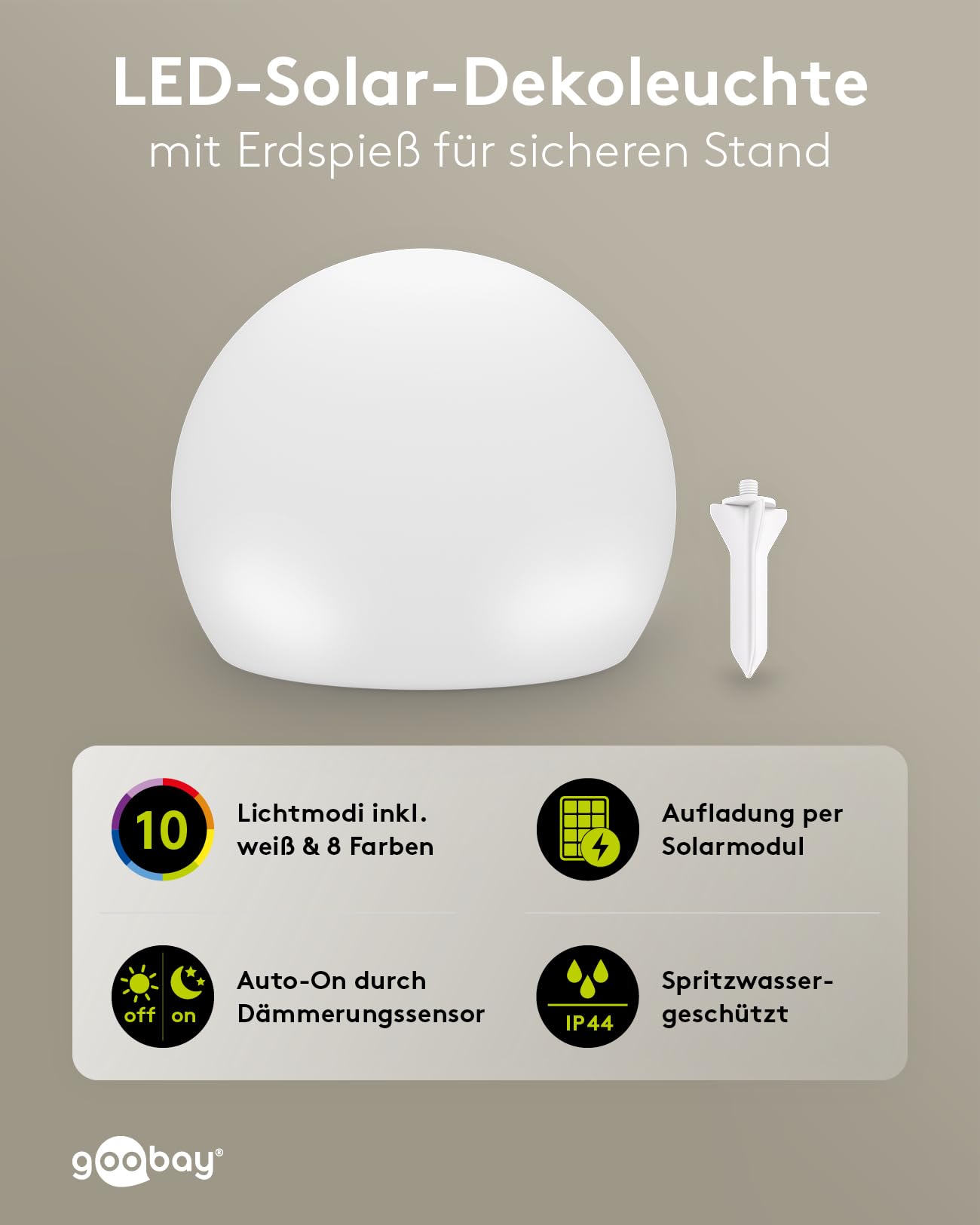 goobay LED Solarkugel 2er Set 20 cm - RGB Leuchtkugel für Außen, Winterfest IP44, Wetterfest | Solarleuchte, Deko Lampe für Terrasse, Balkon, Garten | Stimmungslicht mit 10 Leuchtmodi und Erdspieß