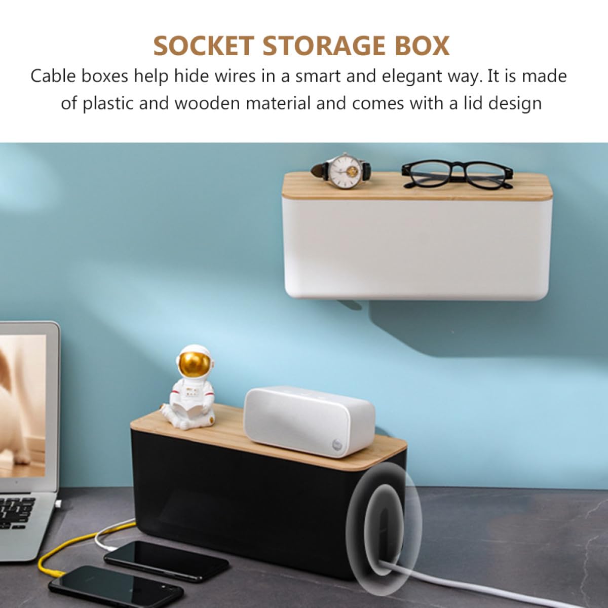 LABRIMP Scatola Organizer per Cavi di Ricarica Coperchio in Legno e Plastica, Salvaspazio e Dissipazione del Calore per Prese Multiple in Soggiorno e Camera