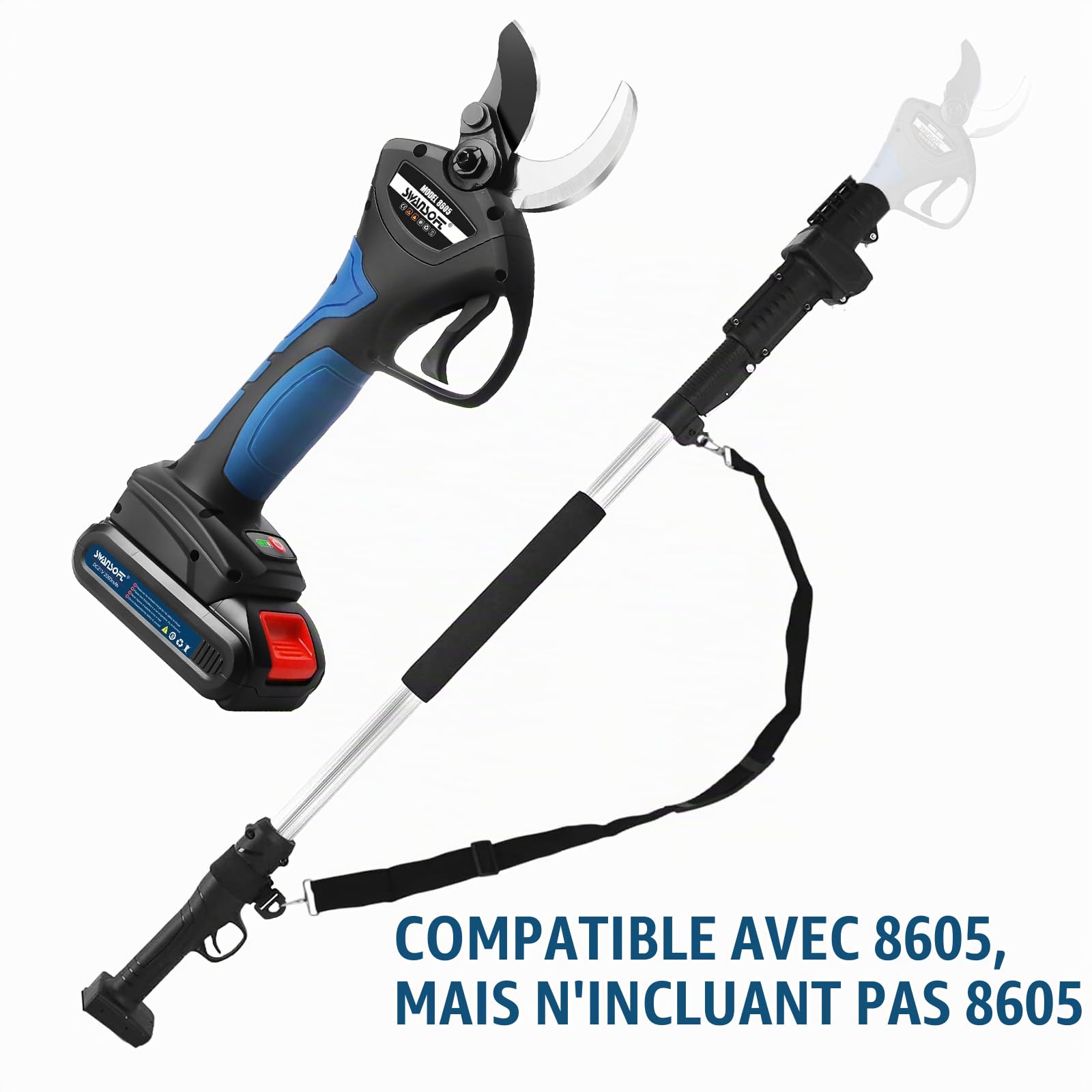 SWANSOFT 7605 Sécateur d'élagage télescopique électrique, perche d'extension de machine d'élagage électrique, extensible jusqu'à 1,95 m (Pour 8605, ne convient pas pour le 8605 Pro)