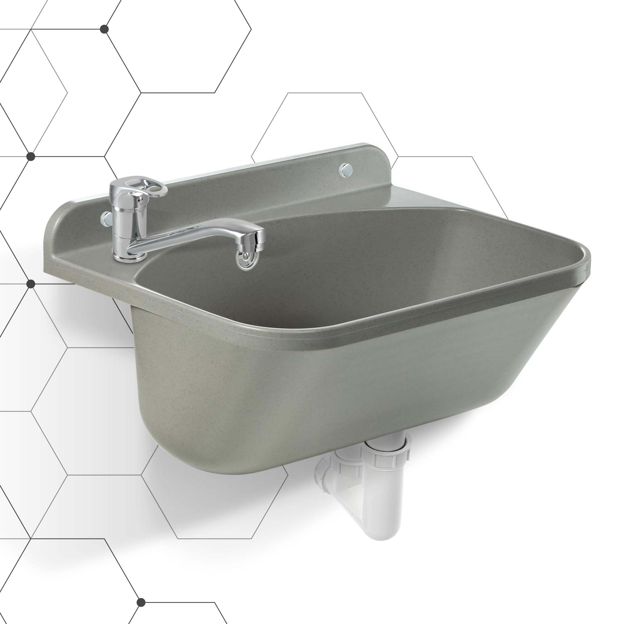GOSPO Fregadero con grifo giratorio, sifón, lavabo 46 x 36 x 20 cm, lavadero para garaje, lavabo, sótano, montaje en pared, en placa, fregadero, incluye accesorios (gris)