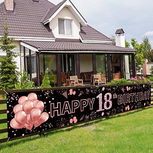 Image of 18th Birthday Decorations for Girls, Happy 18th Birthday Banner Rose Gold and Black 18 Year Old Birthday Decorations Party Supplies (9.8x1.6ft)