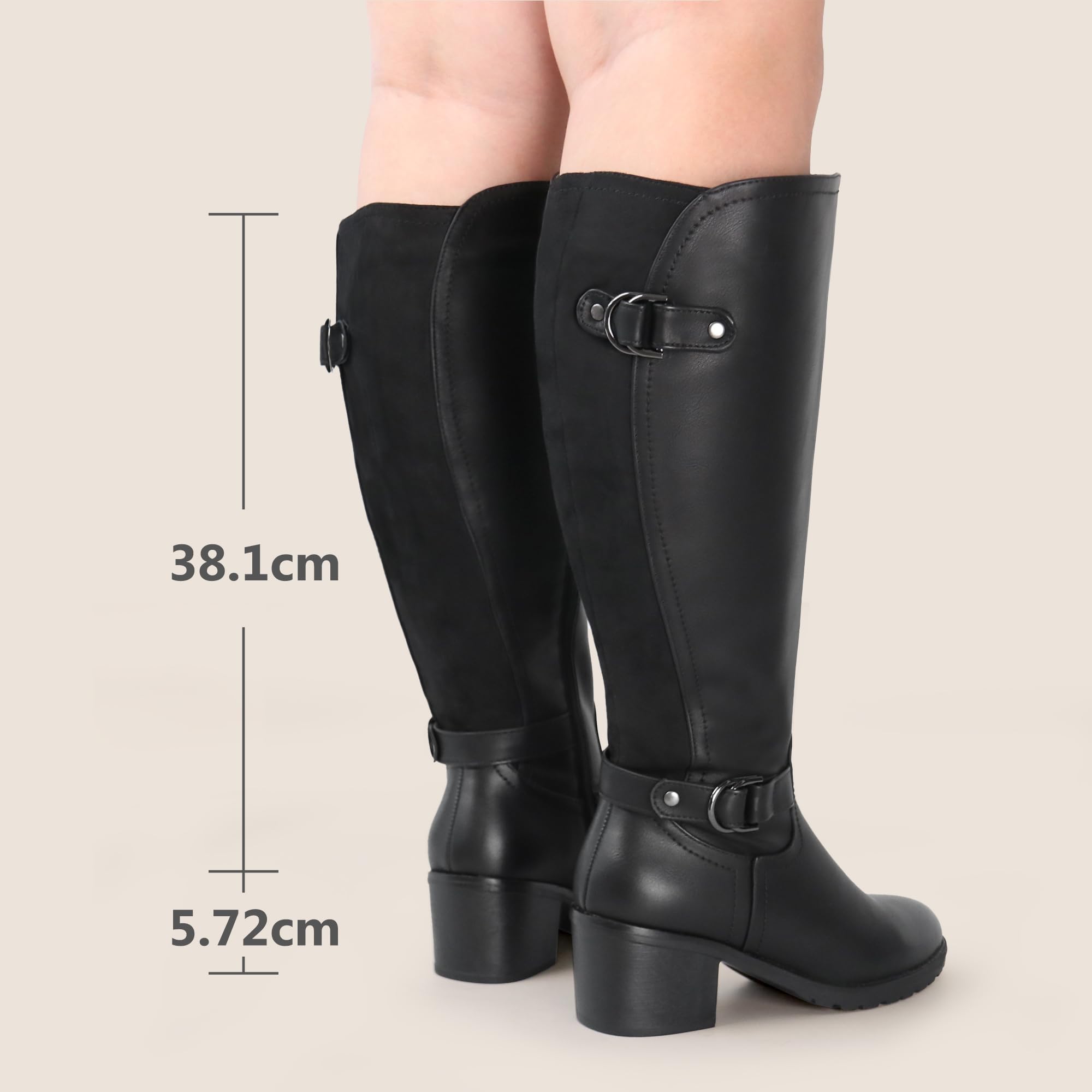 Botas altas de montar para mujer, de caña ancha, con tacón cuadrado y doble hebilla decorada