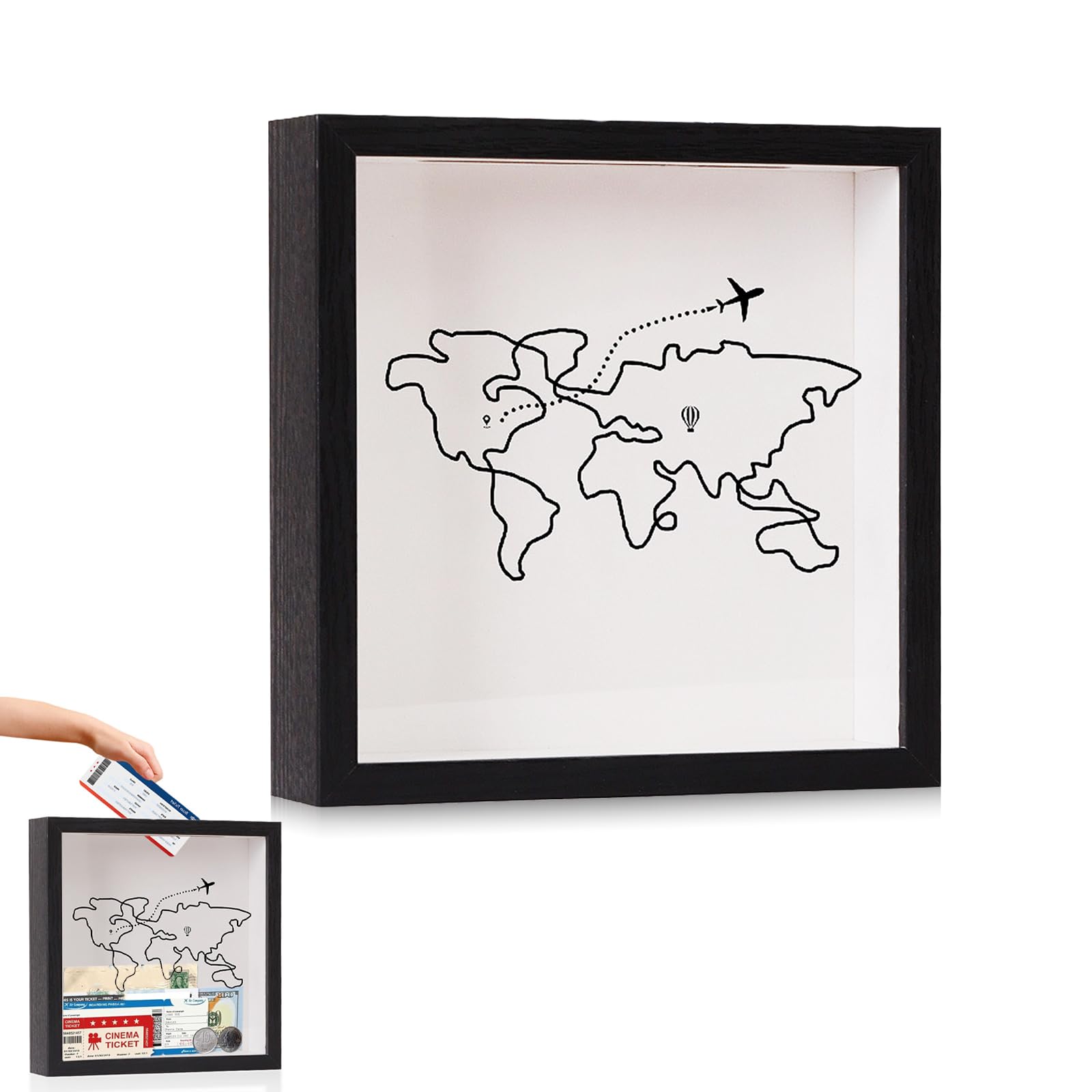 Adventure Archive Box, Large Size Travel Memory Box with World Map Design, Ticket Shadow Box with Slot, Wooden Creative Keepsake Box for Air Ticket, Movie Photo Postcard (30×30cm)