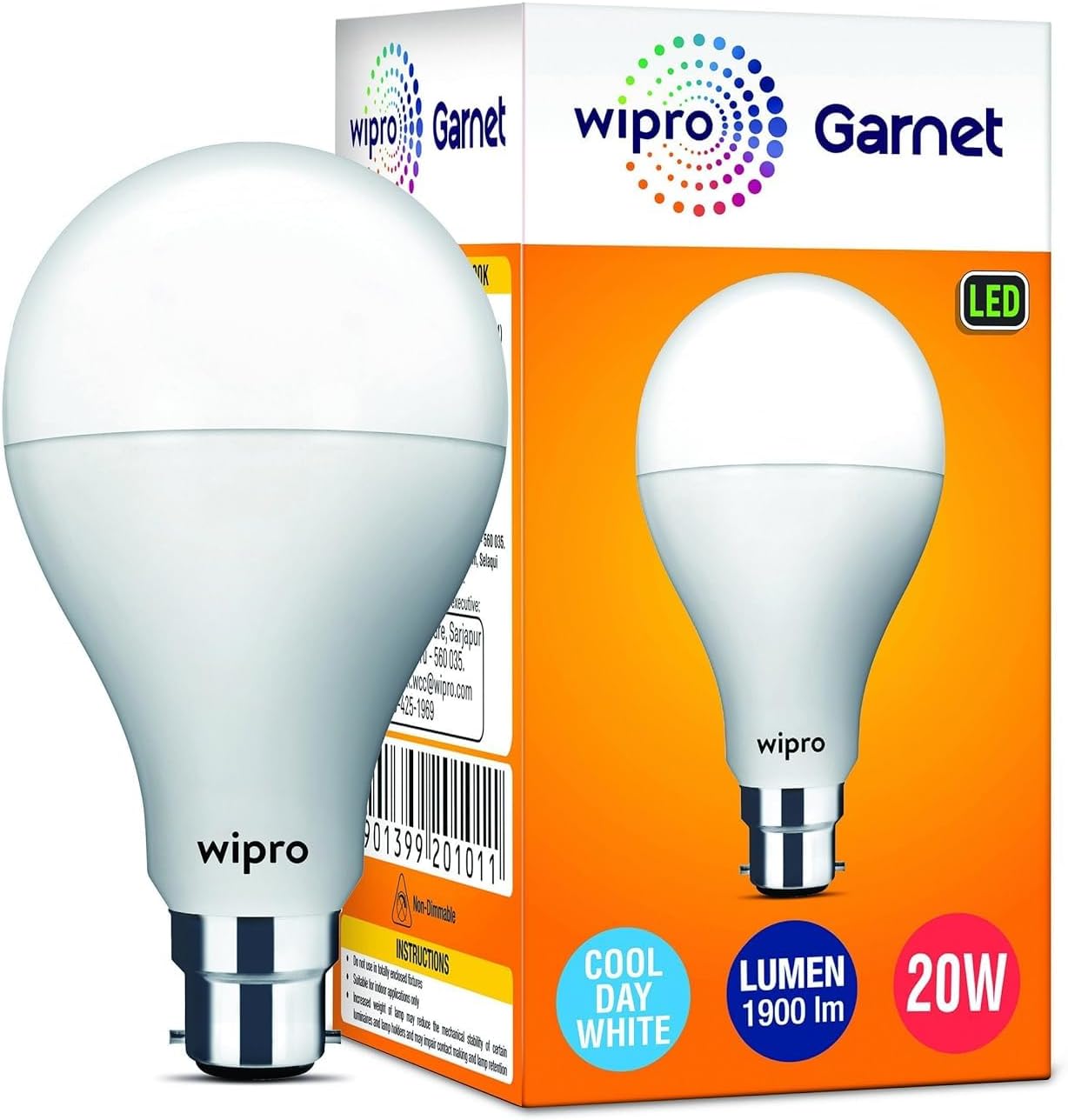 Wipro Garnet 20W LED Bulb for Home & Office |Cool Day White (6500K) | B22 Base|220 degree Light coverage |4Kv Surge Protection |400V High Voltage Protection |Energy Efficient | Pack of 1