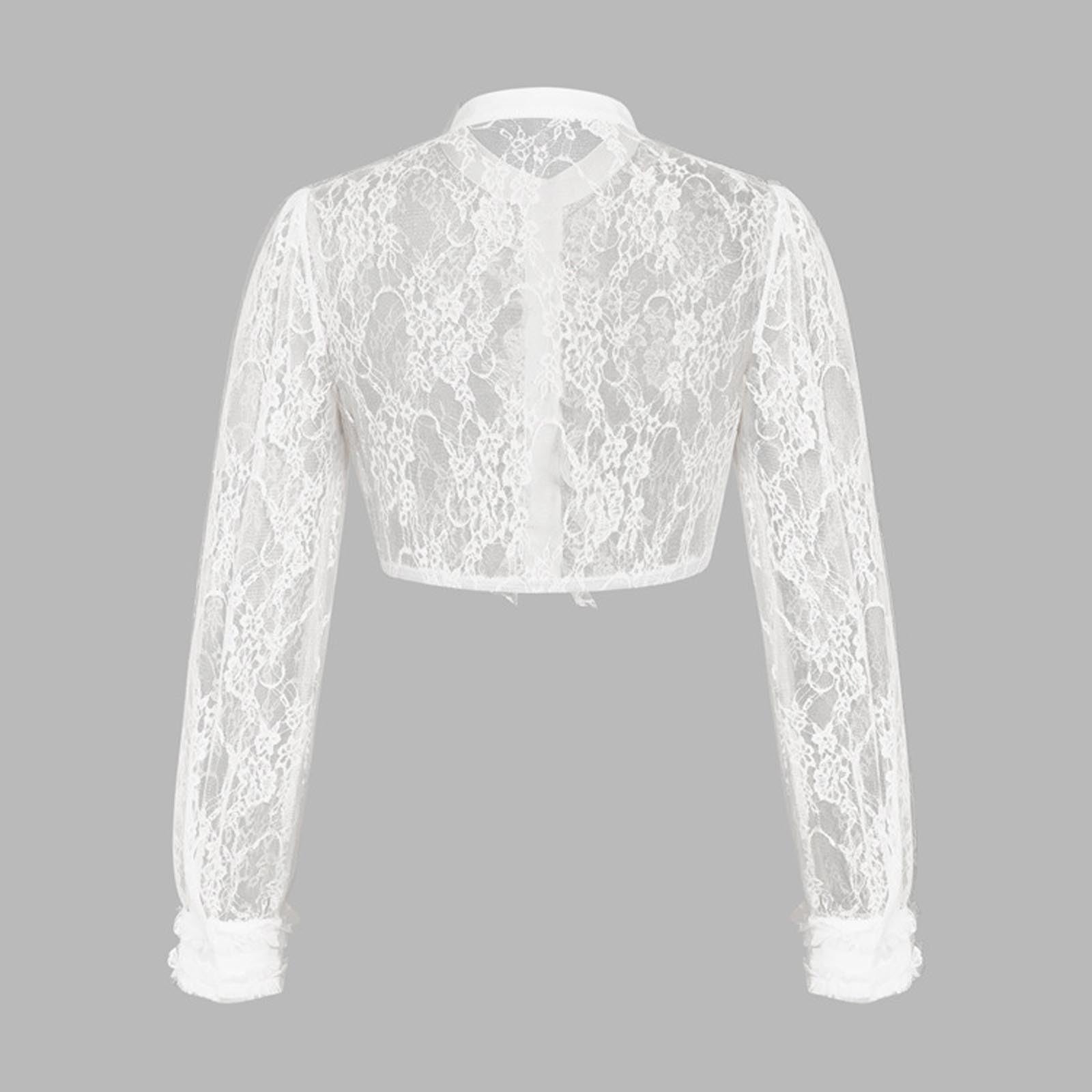 Generisch Camicetta tradizionale da donna con maniche ad aletta, in pizzo trasparente, elegante, con bordo in pizzo sulla parte superiore, scollo curvo in raso, versatile e formale