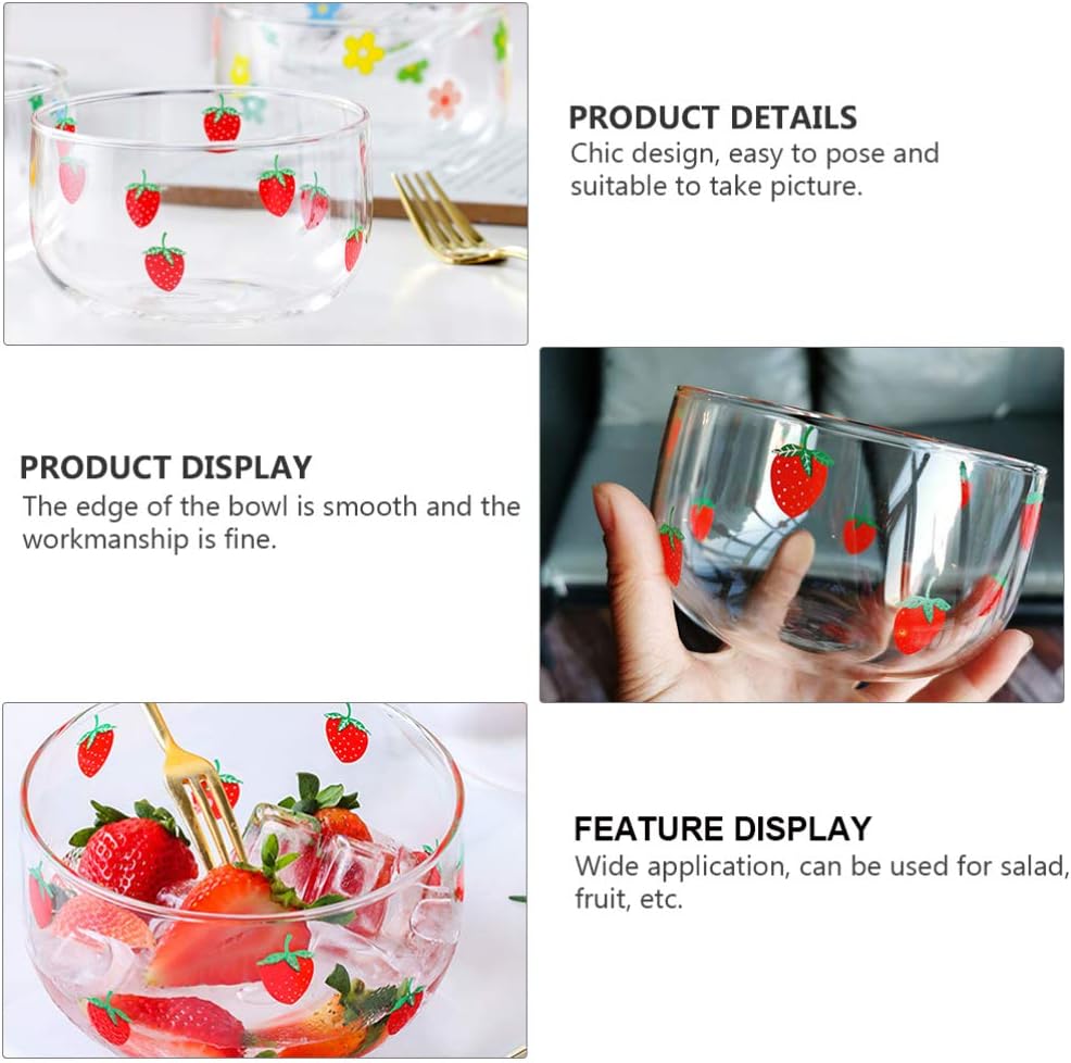 Hemoton Elegant Strawberry Design Glass Bowl Salad Bowl Dessert Heat-resistant for Microwave