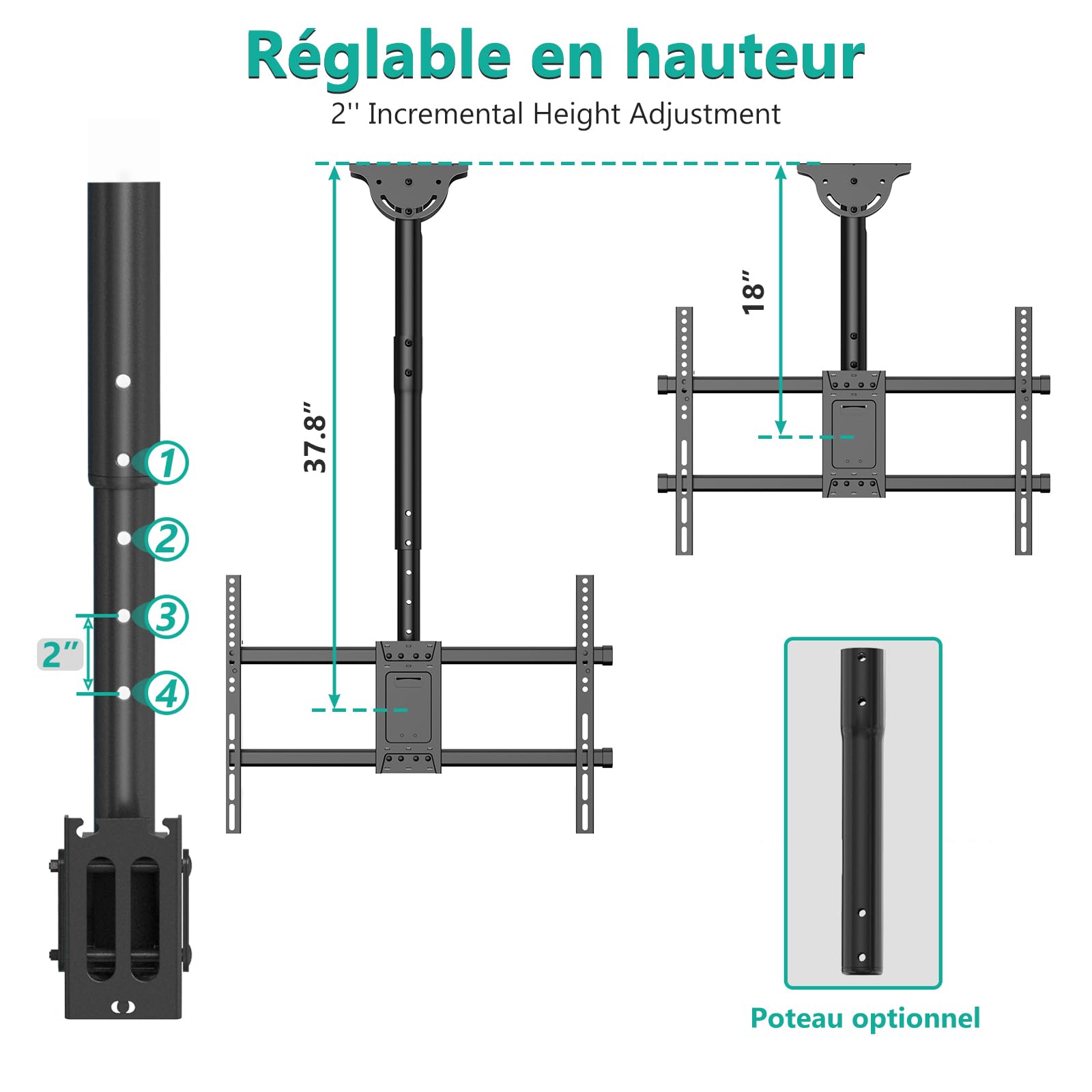 WALI Support TV Plafond Réglable en Hauteur, Support TV pour LED, LCD, OLED 4K de 37 à 70 Pouces, Support Plafond pour TV à Mouvement Complet, Charge jusqu'à 50 kg, Max 600 x 400 mm (CM3770), Noir