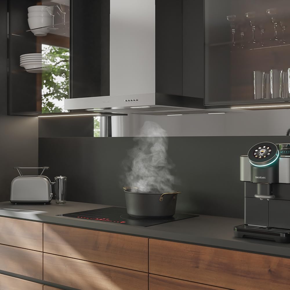 Cecotec Cappa aspirante 90 cm Bolero Flux TM 906500 Inox A. Motore 165 W, decorativo con finitura inox, aspirazione 650 m3/h, controllo meccanico, 3 livelli di potenza, luce e filtro al carbonio