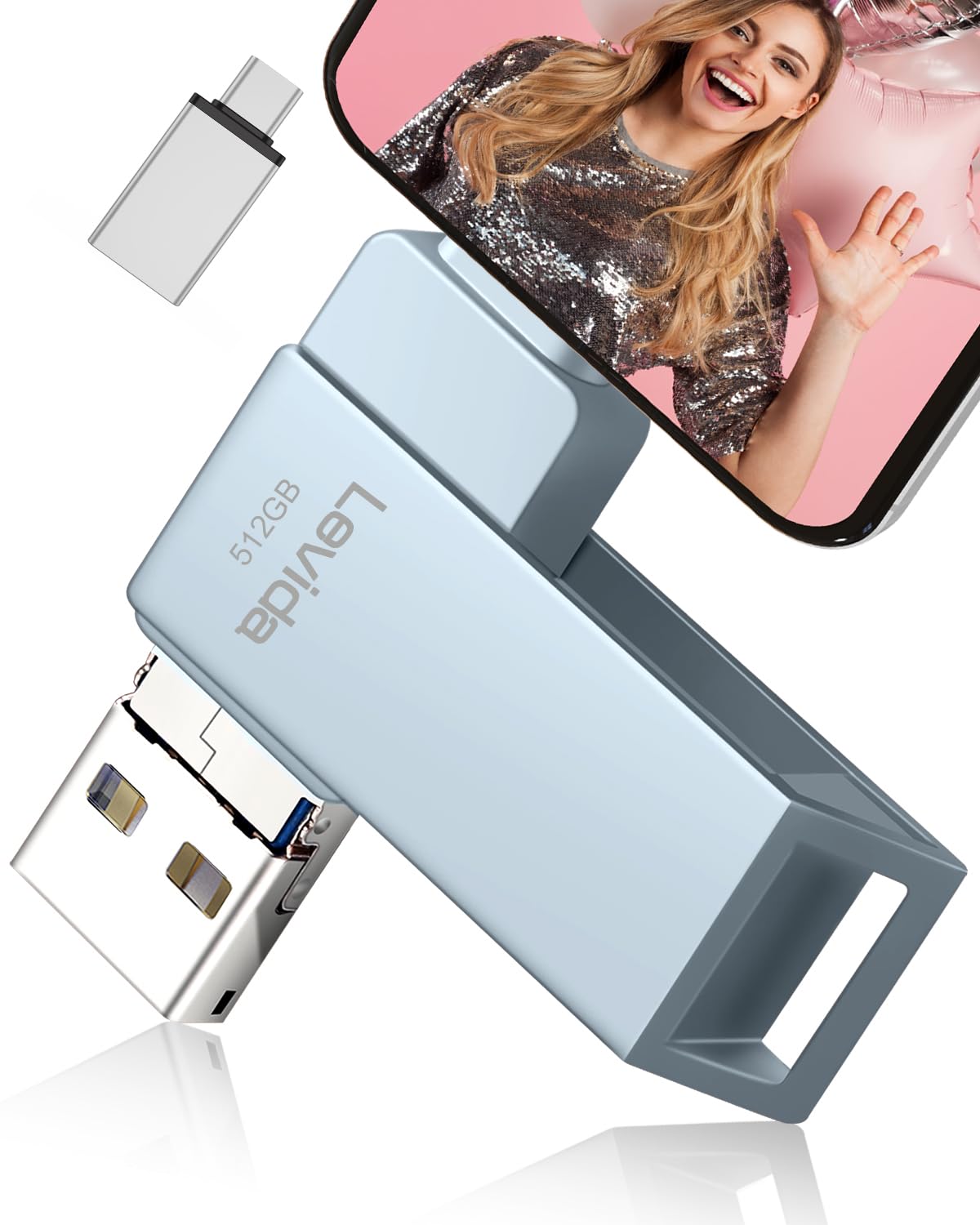 Clé USB pour Phone 512 Go, Cle USB Phone Stockage Externe 4 in 1 Clef USB C Photo Stick Memoire USB 3.0 Flash Drive pour Phone/Pad/OTG Android/Mac/PC,Vidéos/Photos/Document,Gris