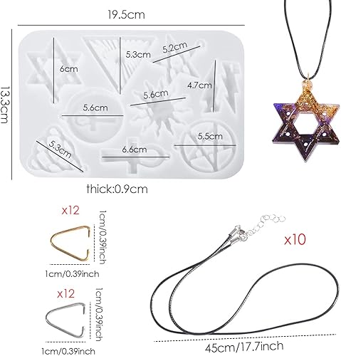 Miniatura 5 de FineInno Molde de resina de 9 formas, nudo de trinidad celta, relámpago, cruz de Ankh, collar de mal de ojo, molde epoxi con 1 cuerda negra, 24