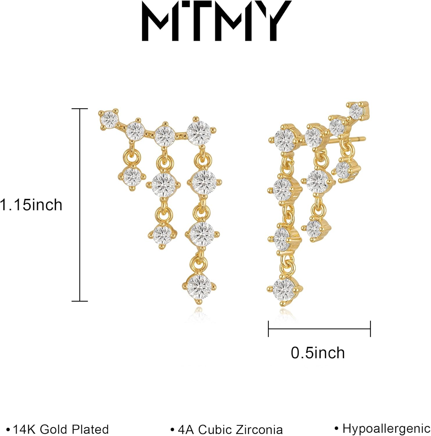 MTMY Gold Stud Earrings for Women 14K Gold Plated Cubic Zirconia Tassel Dangling Drop Earrings Trendy Jewelry Gifts - Image 4