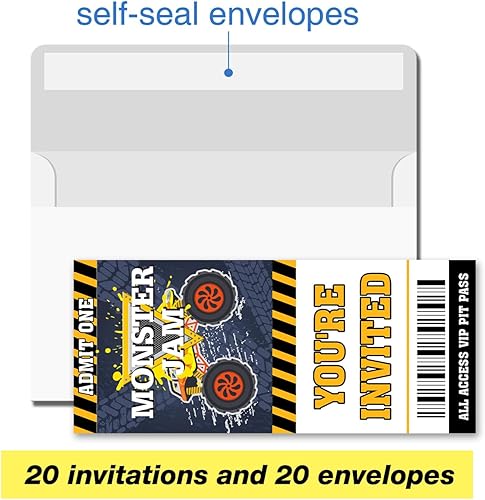 Miniatura 3 de VAHATAN Monster Truck Invitaciones para fiesta de cumpleaños, paquete de 20 invitaciones de boletos de Monster Truck con sobres, tarjetas de