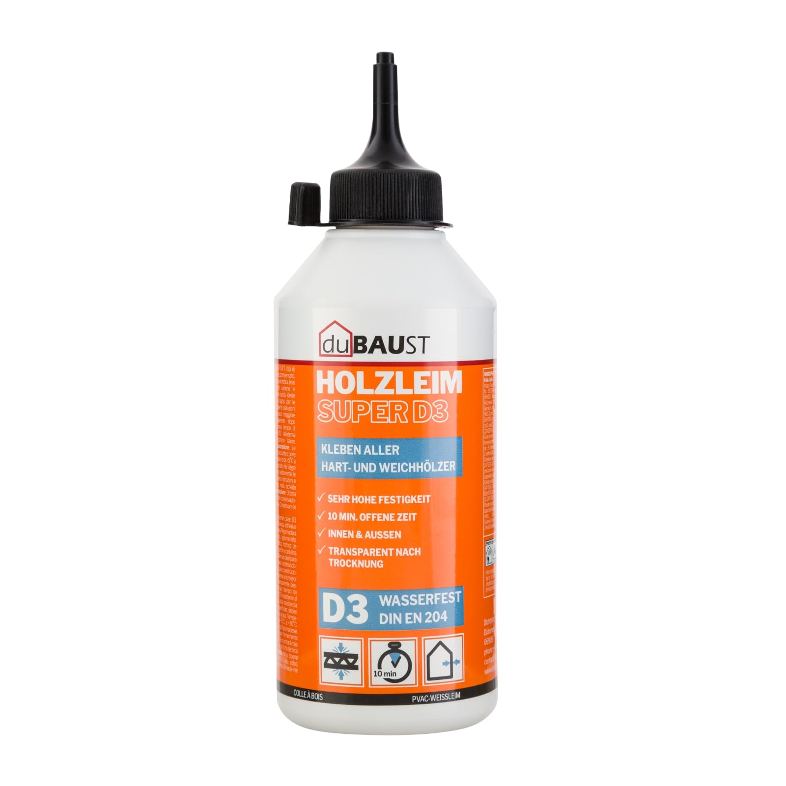 WOD24 - Pegamento para madera D3 de secado rápido, resistente al agua, para madera dura y madera blanda, color blanco – transparente después del endurecimiento (1, botella de 500 g)