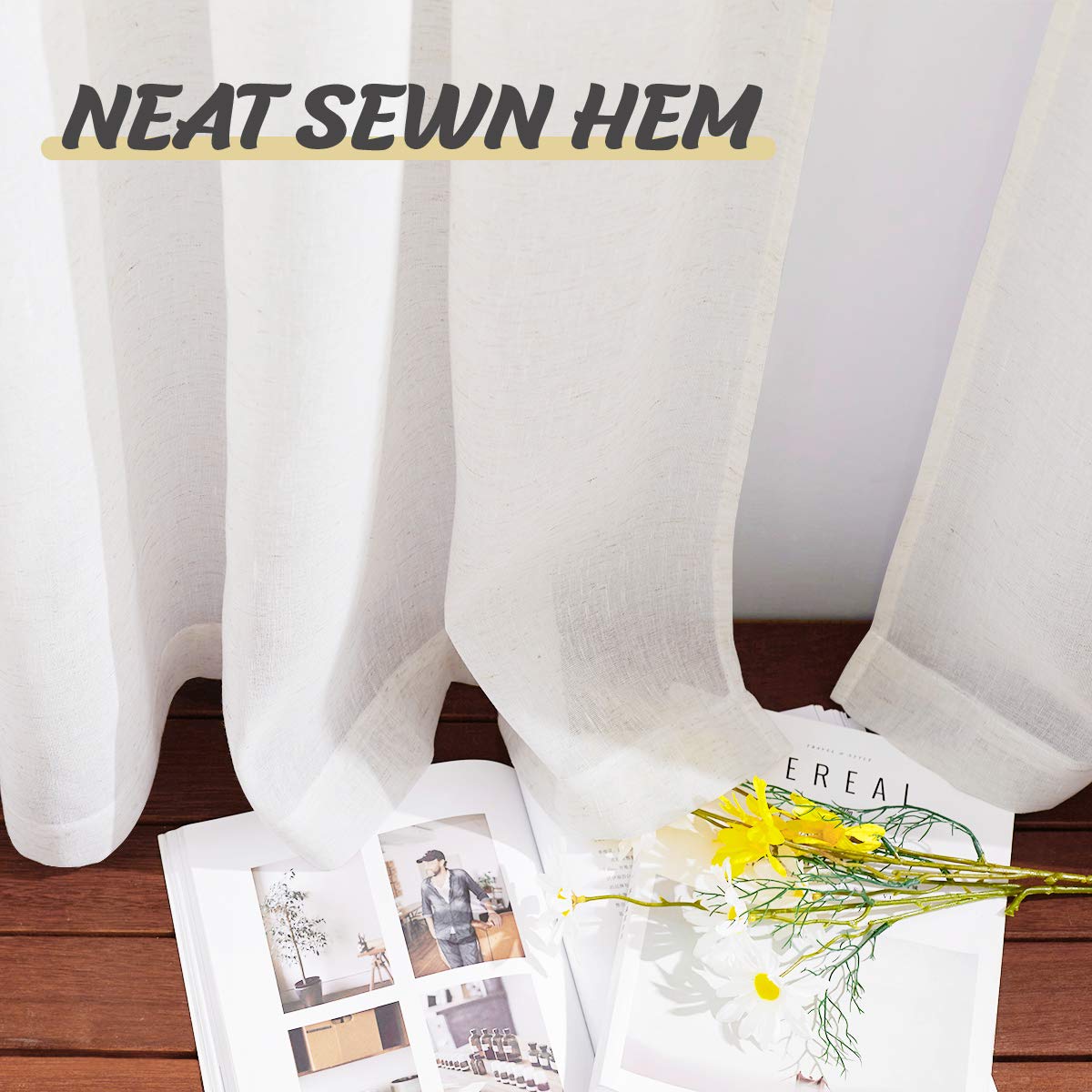 RYB HOME White Semi-Sheer Linen Textured Curtains - 2 Panels, 70" Wide X 63" Long, Light Filtering & Privacy - View #5