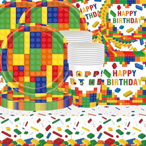 Juego de vajilla para fiestas con 61 piezas de bloques de colores a cuadros, mantel, vasos de papel, servilletas y platos de papel, apto para 20 comensales