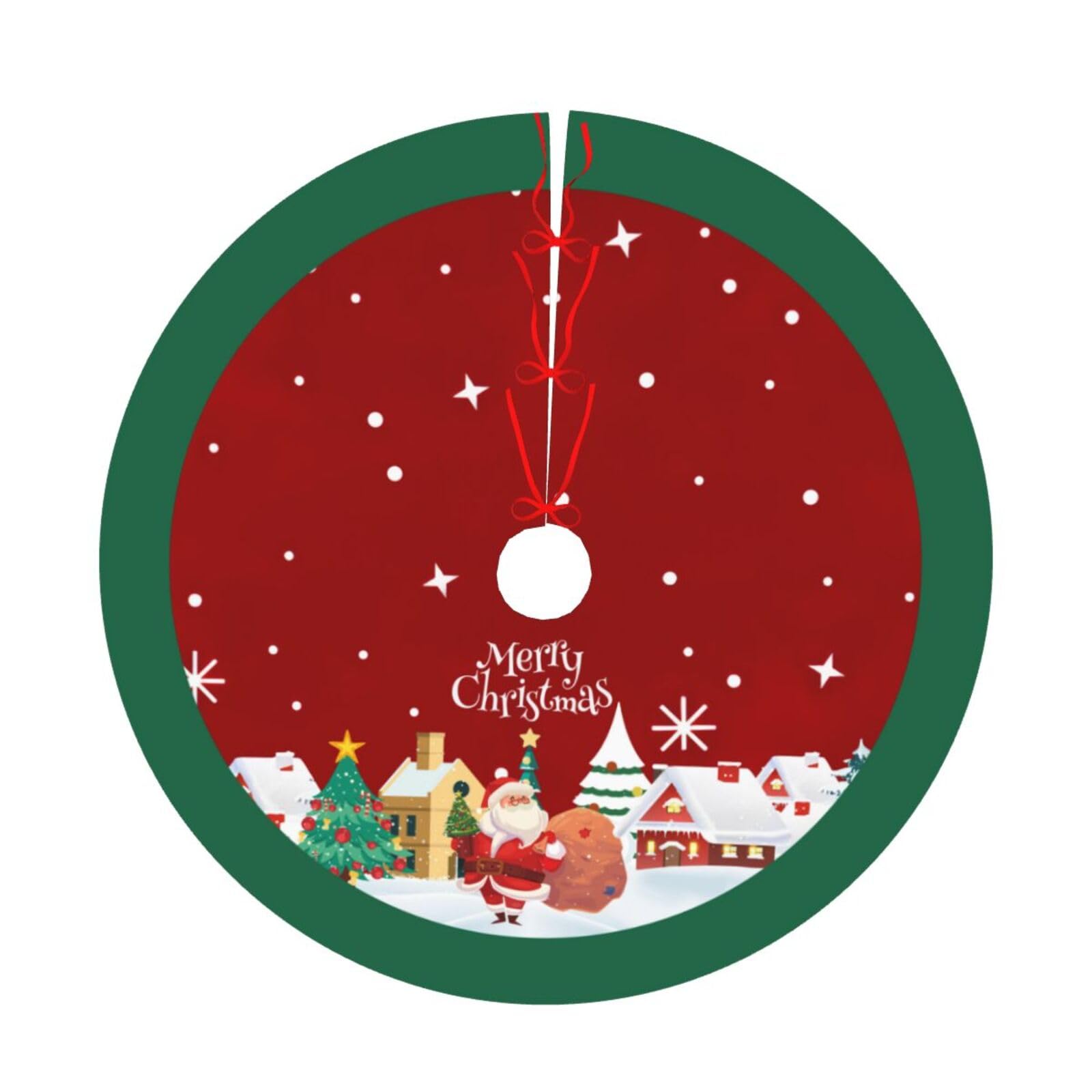 Christmas Tree Skirt with Santa Claus, Merry Chrismas Red and Green 48 Inches Tree Skirt Ornaments, Soft Christmas Tree Mat for Holiday Party Indoor Outdoor Decorations