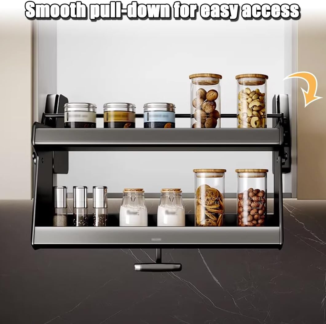 YVYKFZD 2 Tier Pull Out Cabinet Organizer, Upper Pull Down Shelf, Kitchen Cabinets, Wall Cabinet Storage Organizer, High Cabinet Lifting and Foldings, Space Saving(Gray,900 type)