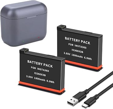 2 Pack for Insta360 X3 Battery, 5V 3A USB-C Dual-Slot Charging Box Compatible with Insta 360 ONE X3 IS360X3B Cameras Upgrade Battery Rechargeable Capacity 3.85V 1800mAh/6.9Wh