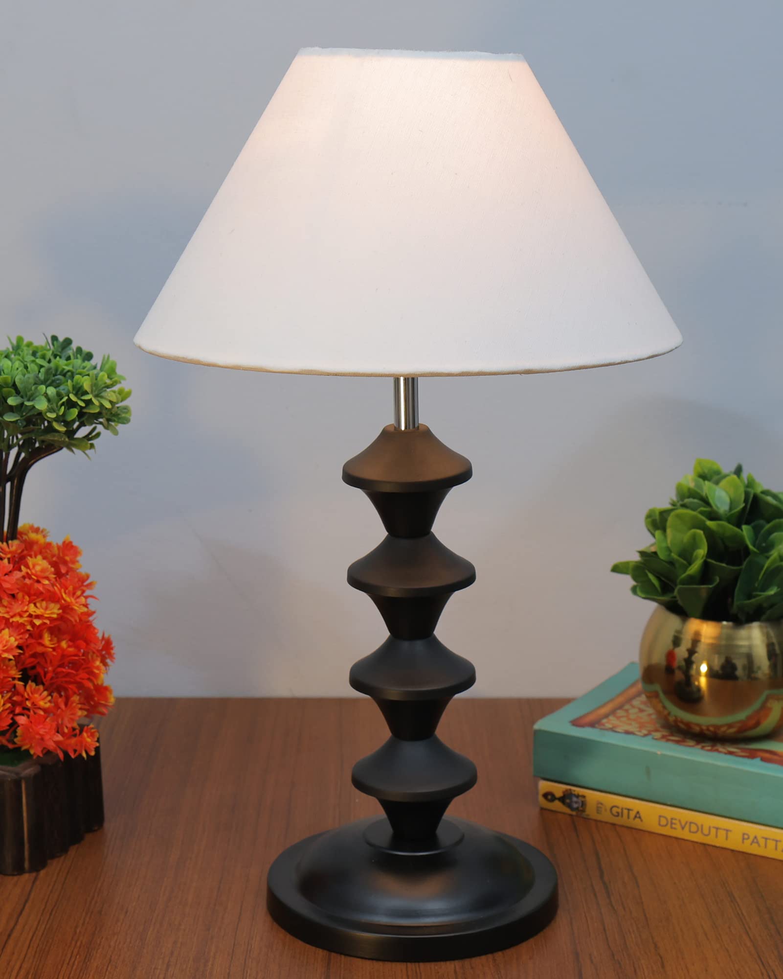 Homesake® Black Pillar Table Lamp with Cone Fabric Shade, E 27 Holder, Table Lamp, Modern Bedside Nightstand, Lamps | Desk Accessories | Metal Base for Bedroom, Home Office, Living Room (White) - Image 2 thumbnail