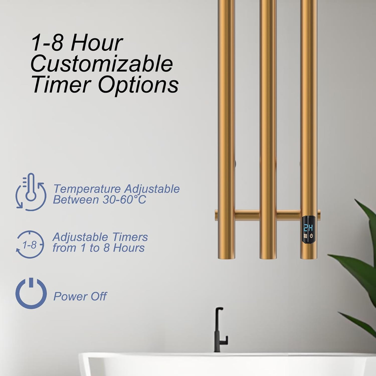 Electric Heated Towel Rack with Timer, Wall-Mounted Towel Warmer, 3 Vertical Bars, Plug-in or Hardwired, 37.4 Inch Height, Round Design (Gold)