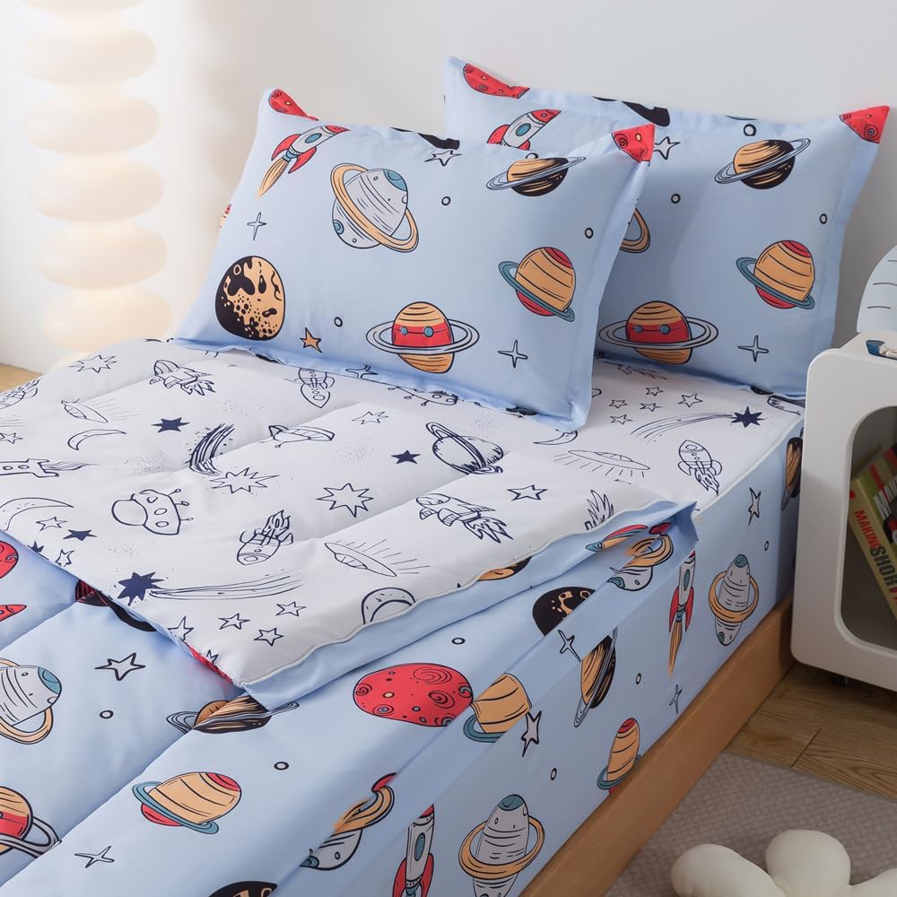 qjmiaofang 4Pcs Zipper Bedding Twin for Boys Galaxy Bedding Zip Up Comforter Kids Girls Outer Space Comforter with Fitted Sheet Universe Planets All in one Zipper Comforter with Fitted Sheet Decor