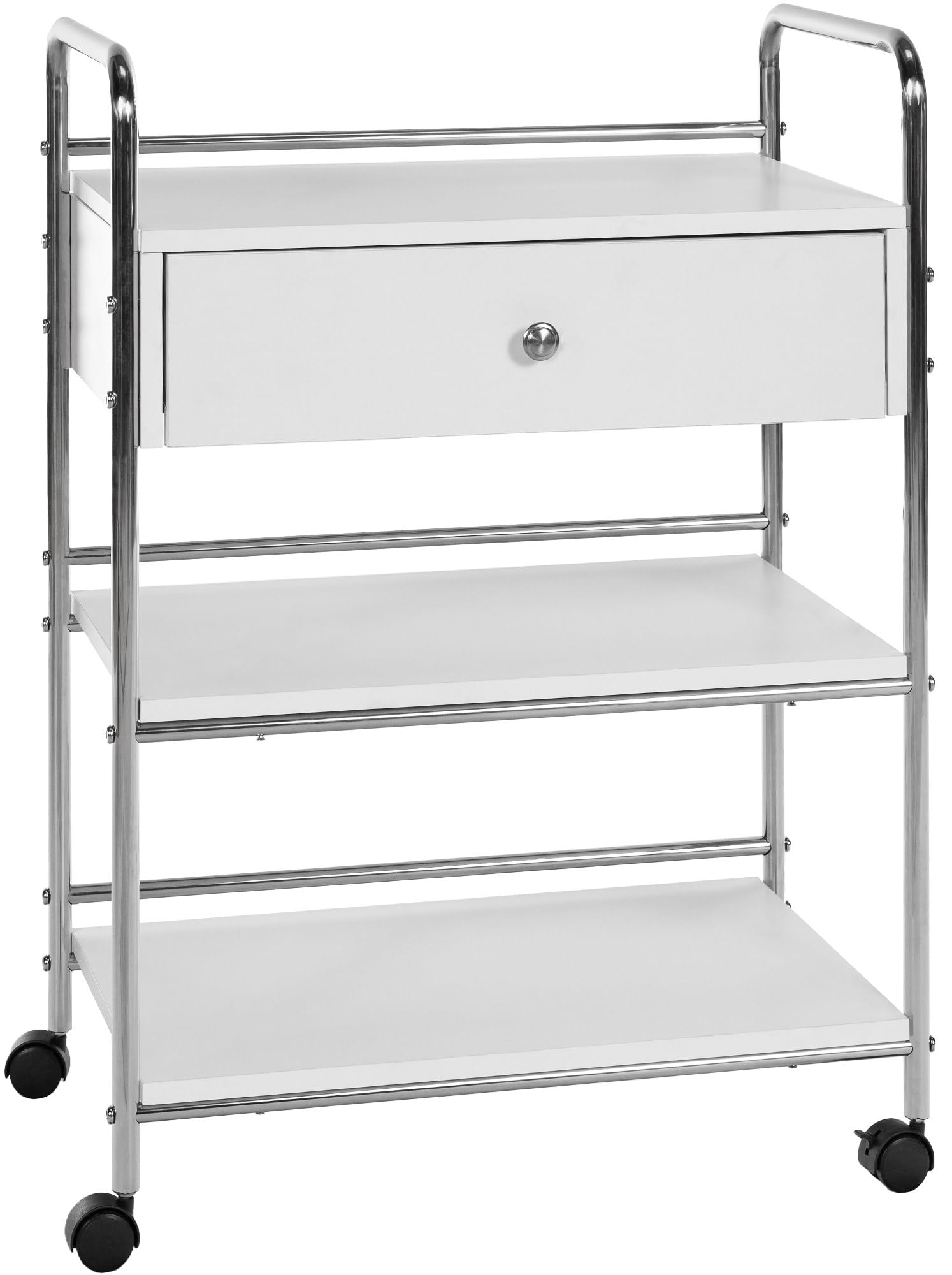 CLP Carrello PL912 I Carrello per attrezzature su rotelle I Carrello per cosmetici con cassetto e tre ripiani I Carrello multiuso, Colore:bianco