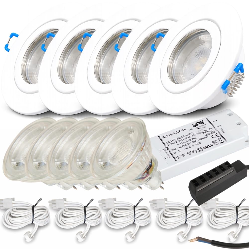 LED Einbaustrahler 5er Set – 12V, 5W, Warmweiß (3000K) – IP44 Feuchtraum geeignet – inkl. Trafo, 120 cm MR16-auf-AMP-Kabel & Verteiler – für Bad, Küche, Dusche & überdachten Außenbereich – Weiß