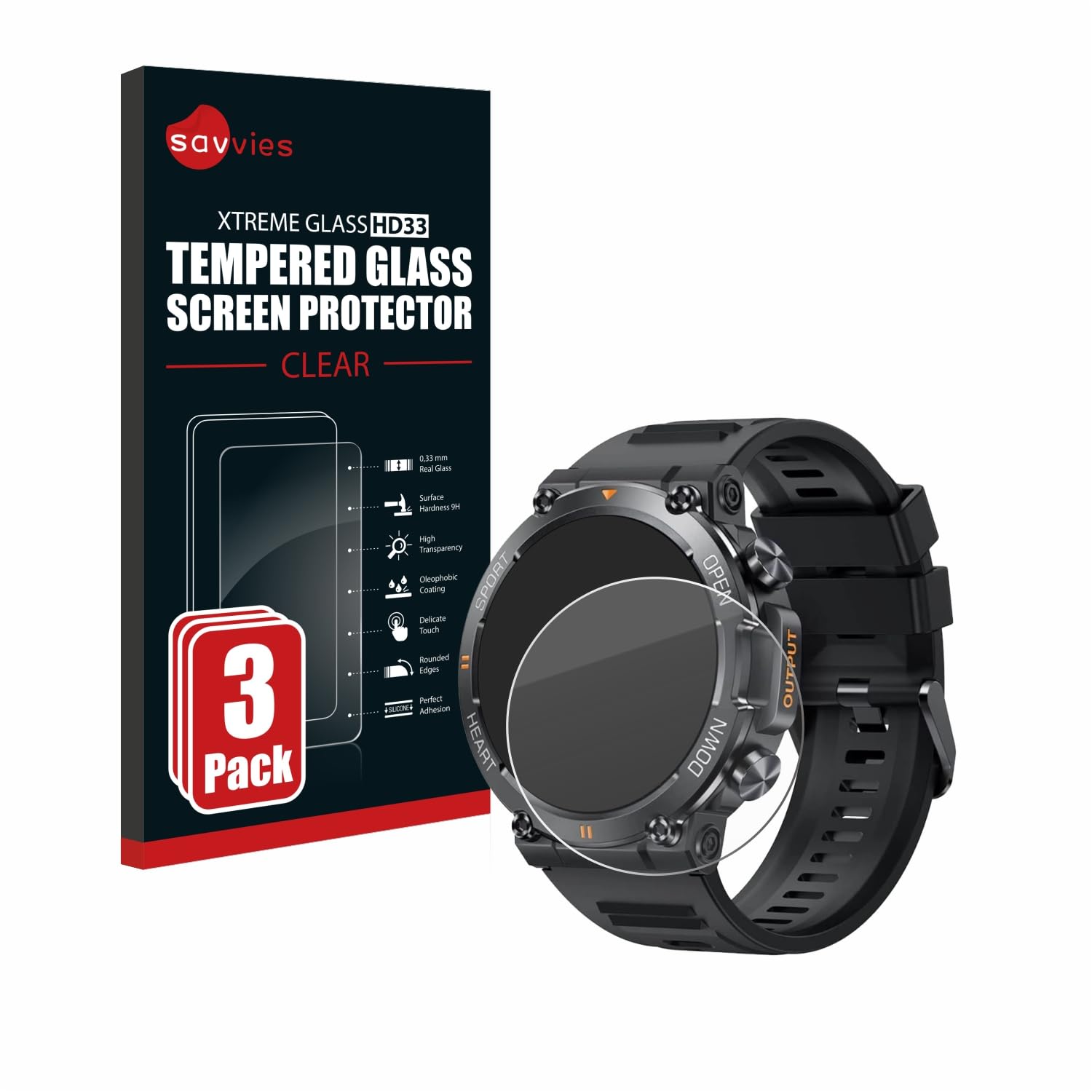 savvies Armoured Glass 3-Pack compatible with Akkee Smartwatch 1.39