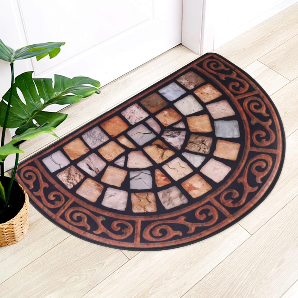 Half Moon Door Mat, Mosaic Slate Effect Design, Polyester, Anti-Slip Rubber Backing, 49.5x79.5cm
