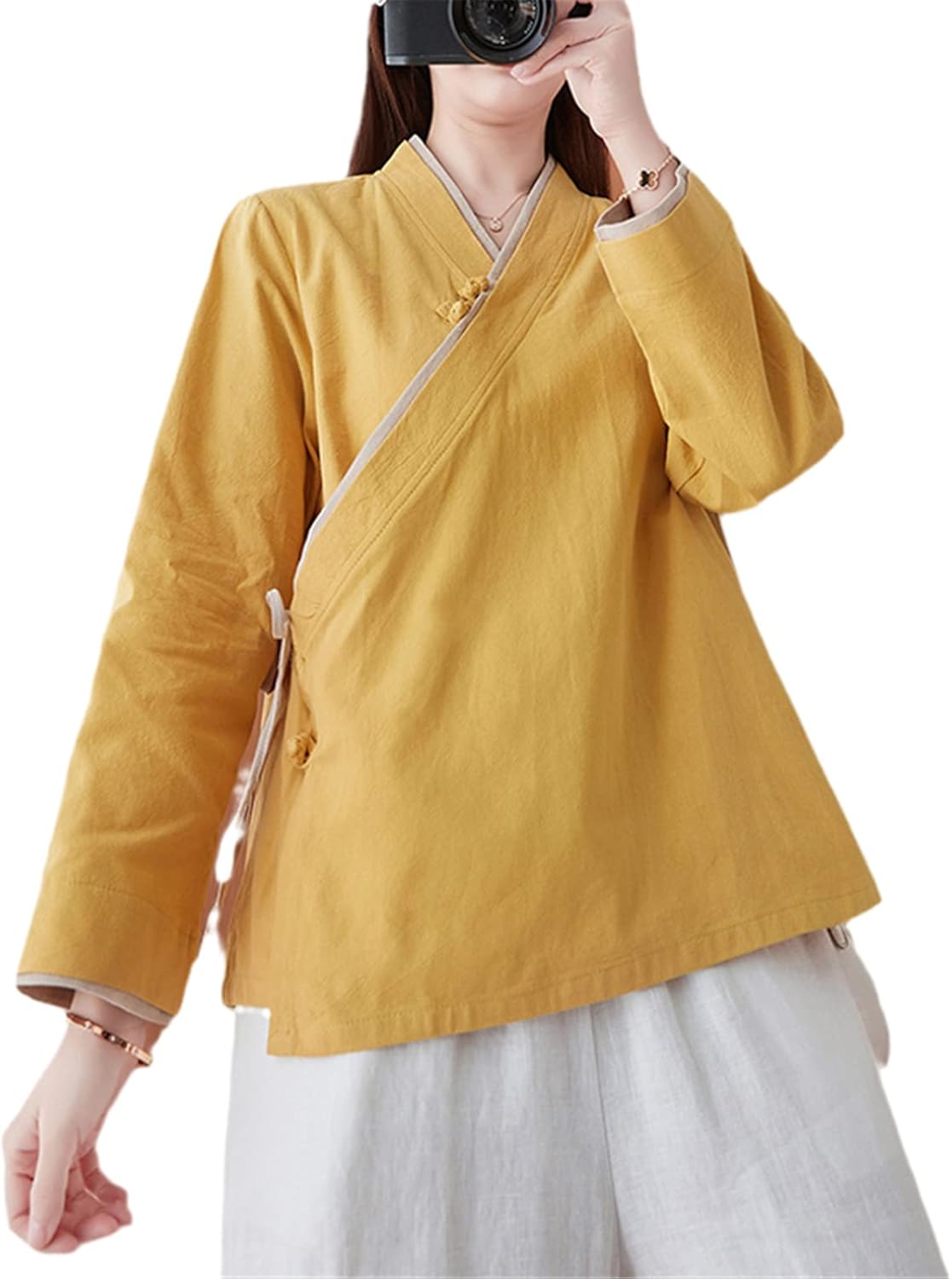 Cotton Linen Chinese Tops Women Tang Suit Slanted Placket V Neck Blouse Loose Female Shirt Hanfu China Traditional