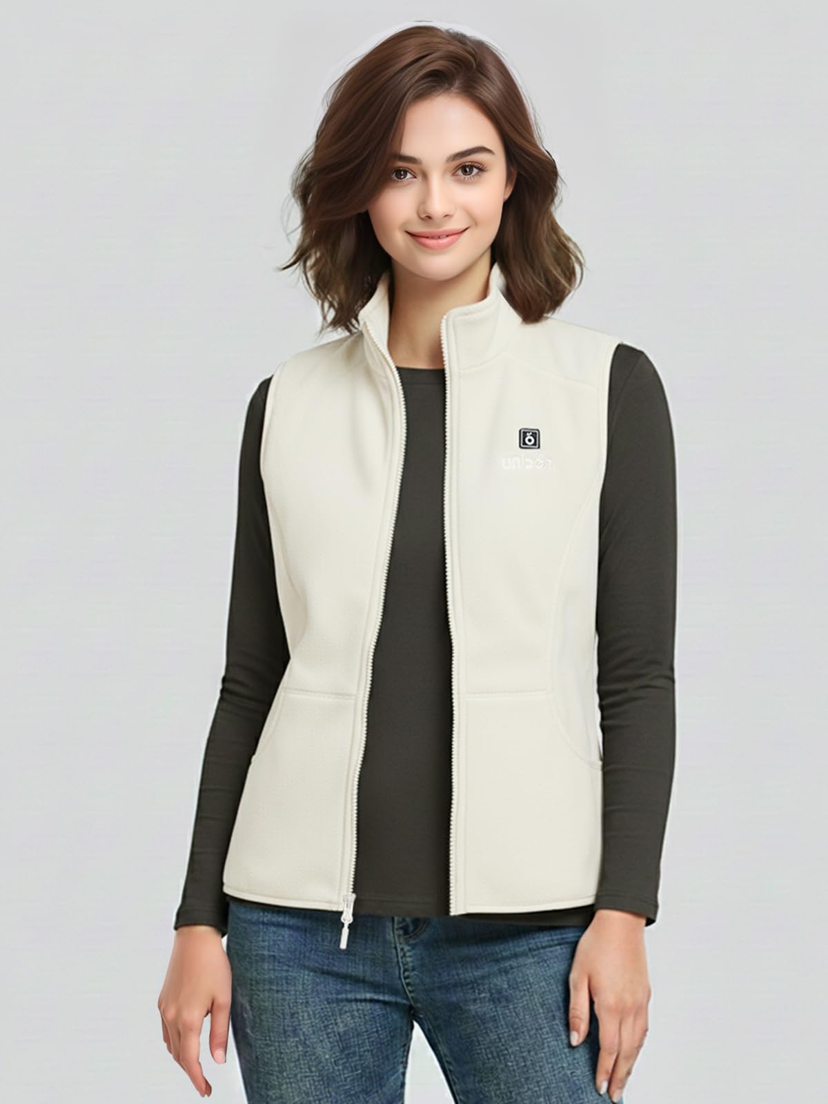 UNBON Gilet Chauffant Femme avec Batterie Incluse USB 10000mAh, Veste Chauffante Femme avec 3 Températures 6 Zones Chauffage, Veste Polaire Chauffante sans Manche, Gilet Chauffant Électrique Blanc S