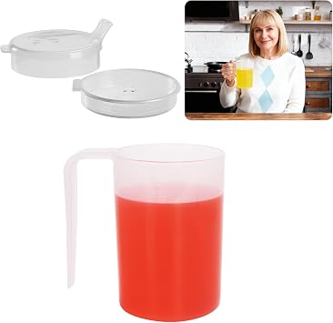Adult Beaker for Elderly Non Spill, 400ml Sippy Cup for Adults with 2 Lids & Measurement Scale, PP Plastic Drinking Cup for Hot Drinks, Care Home Beaker for Arthritis Stroke