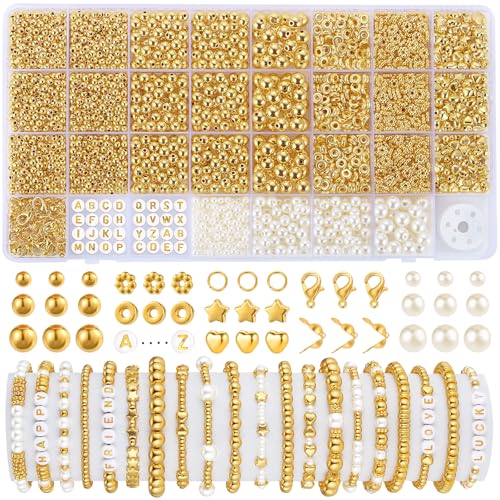 Funtopia Spacer Beads for Jewelry Making 2500Pcs Gold Round Beads for Bracelets 4mm 6mm 8mm Spacer Loose Ball Bead Star Pearls Letter Bead for DIY Bracelet Jewelry Making Craft