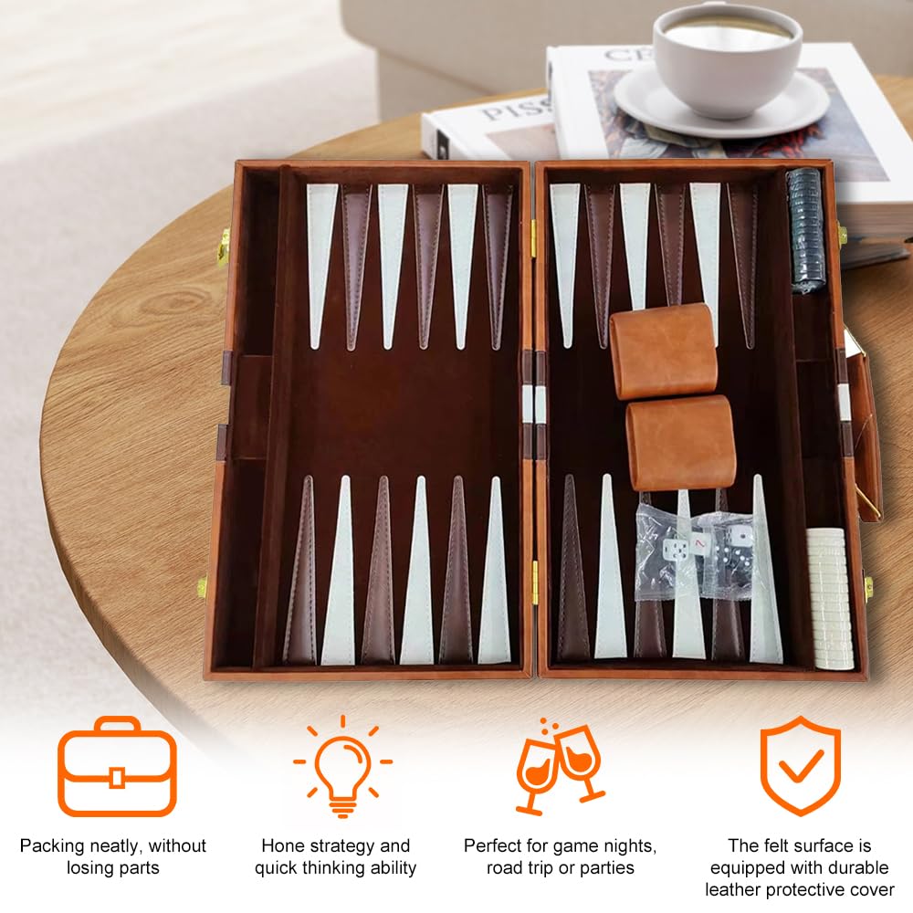 Juego de backgammon, maletín de backgammon, juegos de mesa clásicos para 2 jugadores, juego de estrategia de viaje portátil con funda de piel sintética de alta calidad, piezas de ajedrez y