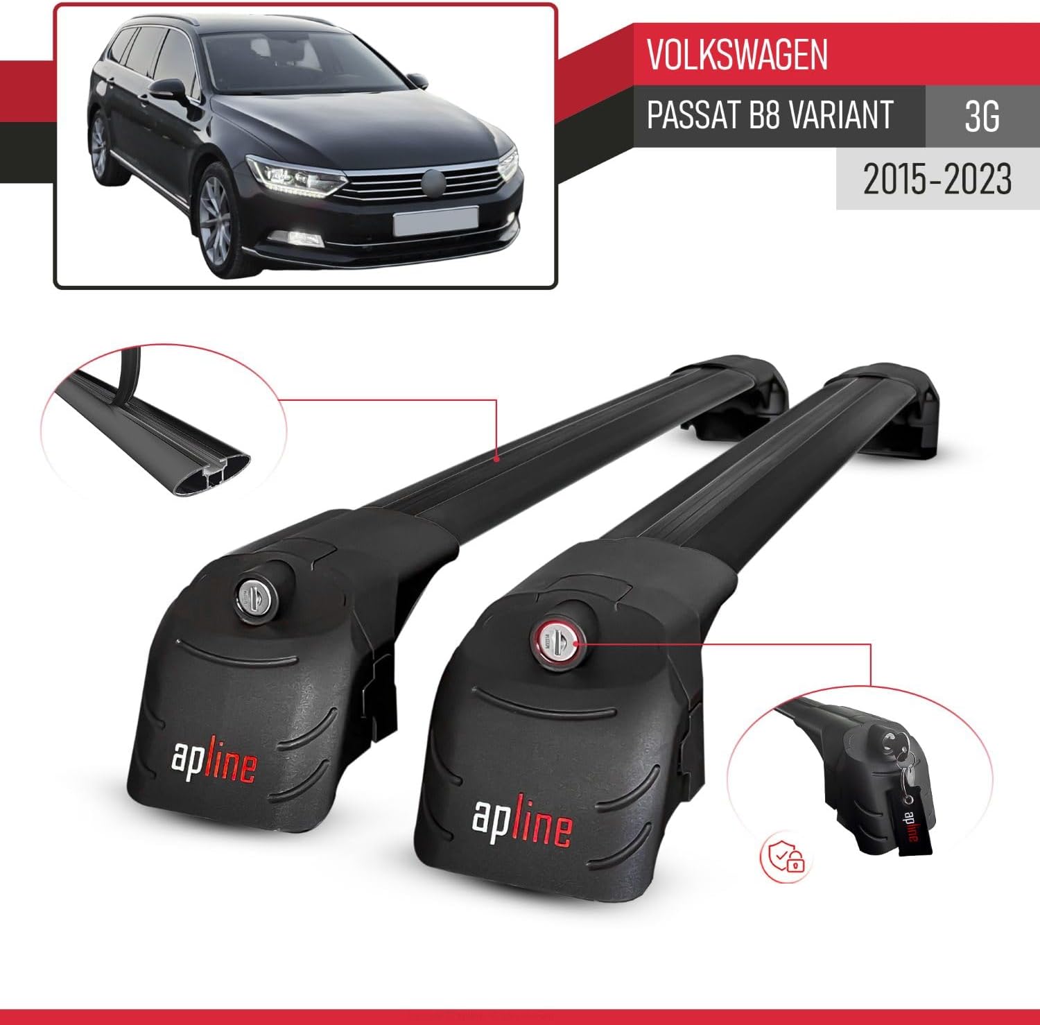 Compatible with Volkswagen Passat B8 (3G) Variant 2015-2023 ACE-2 Type Car Roof Rack Cross Bar Black Aluminium Bars