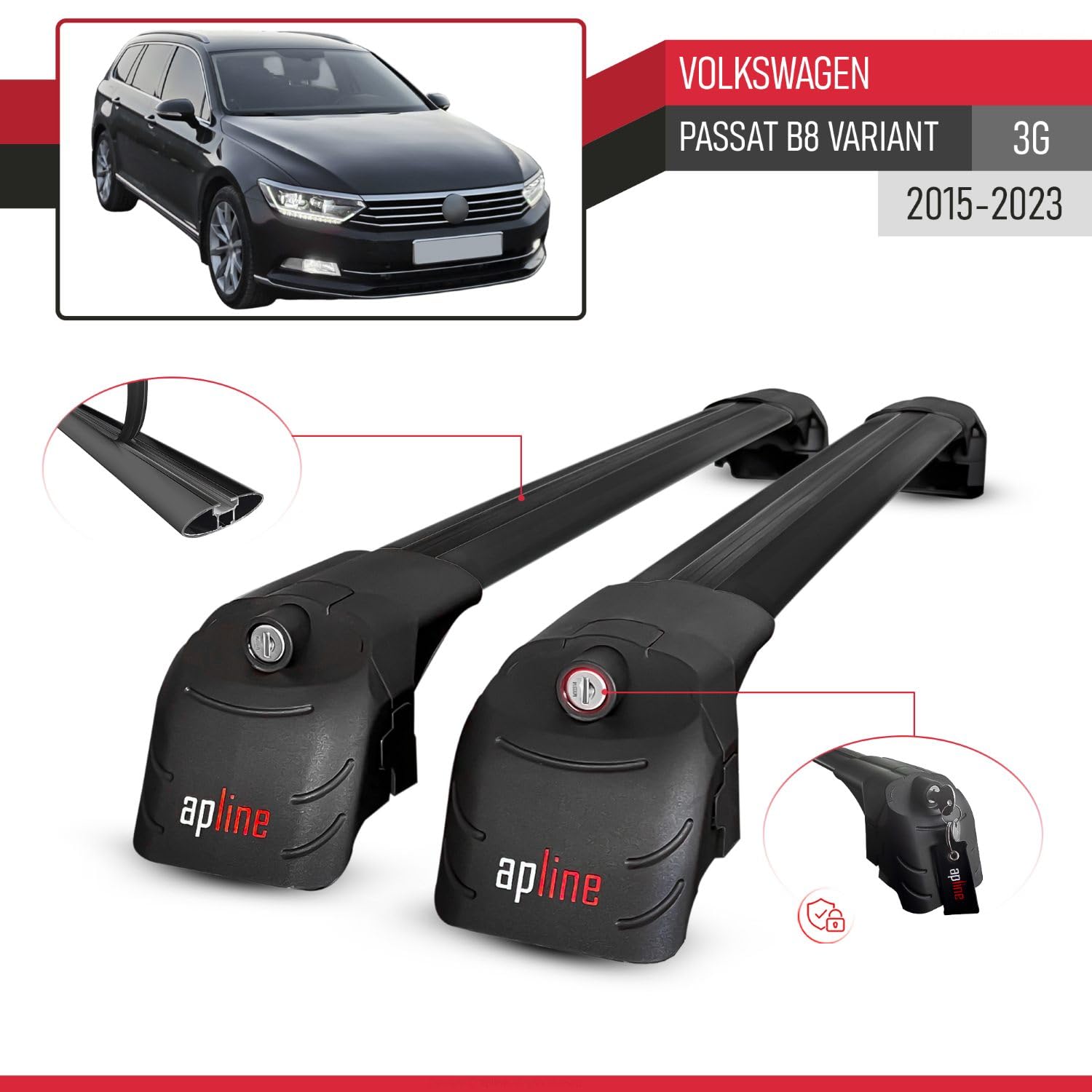 RE&AR Tuning Compatibile con Volkswagen Passat B8 (3G) Variant 2015-2023 Ace-2 Barre Tetto Portapacchi Auto Barre Portatutto Nero Alluminio 2 Barre