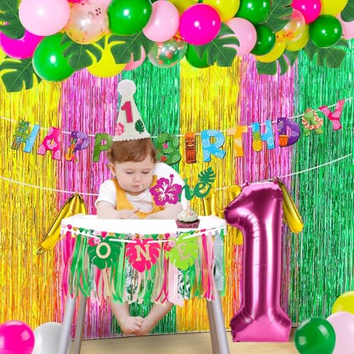 Image of Hawaiian Aloha High Chair Banner for 1st Birthday Party Decoration Tropical Hawaiian Luau One High Chair Tassel Garland Banner for Girls Baby Shower Moana 1st Birthday Party Backdrop Decoration