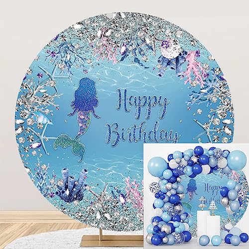 MIRRORANG Diámetro 2m Feliz Cumpleaños Fondo Redondo Azul Dibujos Animados Tema Sirena...