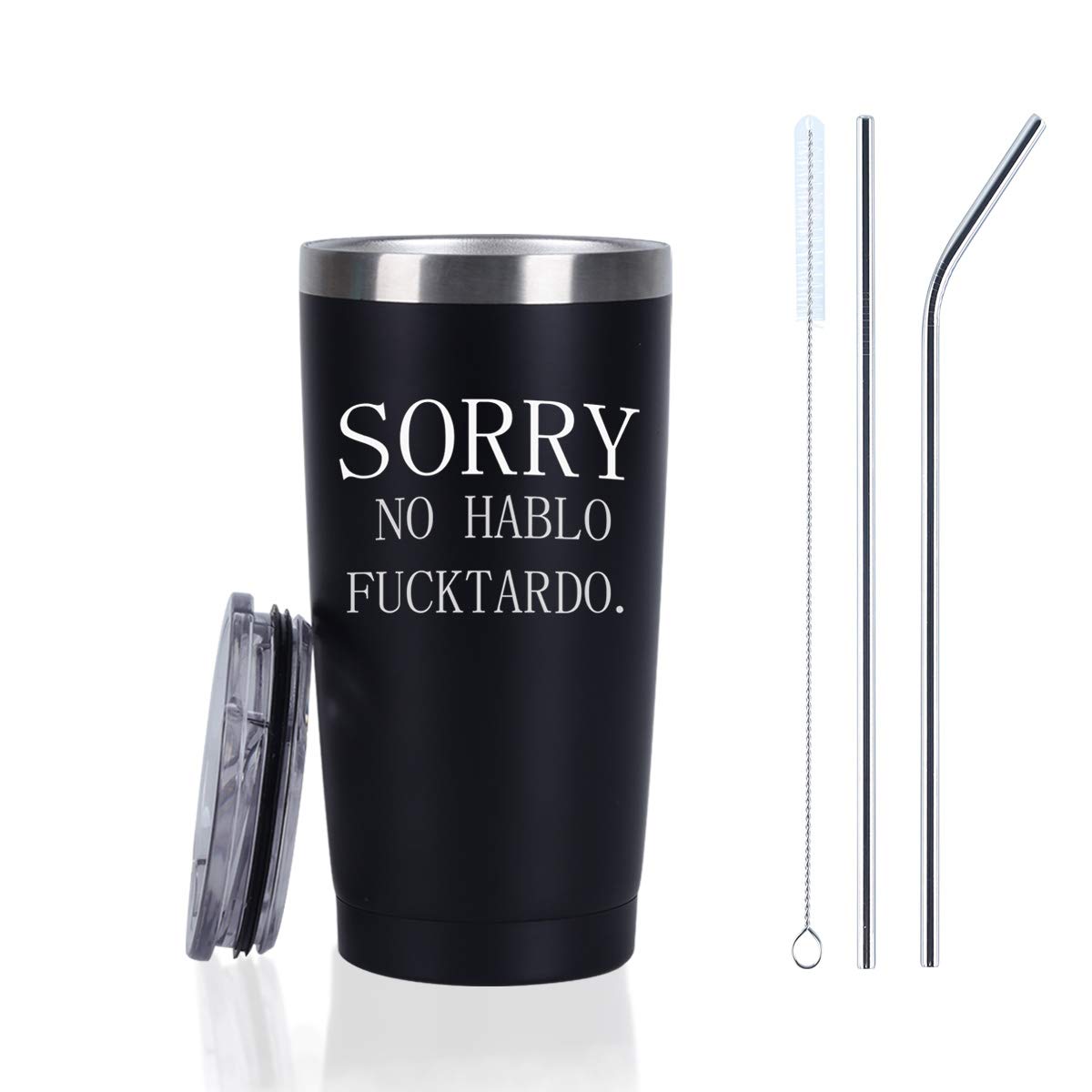 Sorry No Hablo Fuctardo Travel Tumbler, 20Oz Insulated Stainless Steel Tumbler with Lid and Straws, Funny Christmas Birthday Gifts for Cowokers Boss Friends Dad Mom Sister Brother, Black…