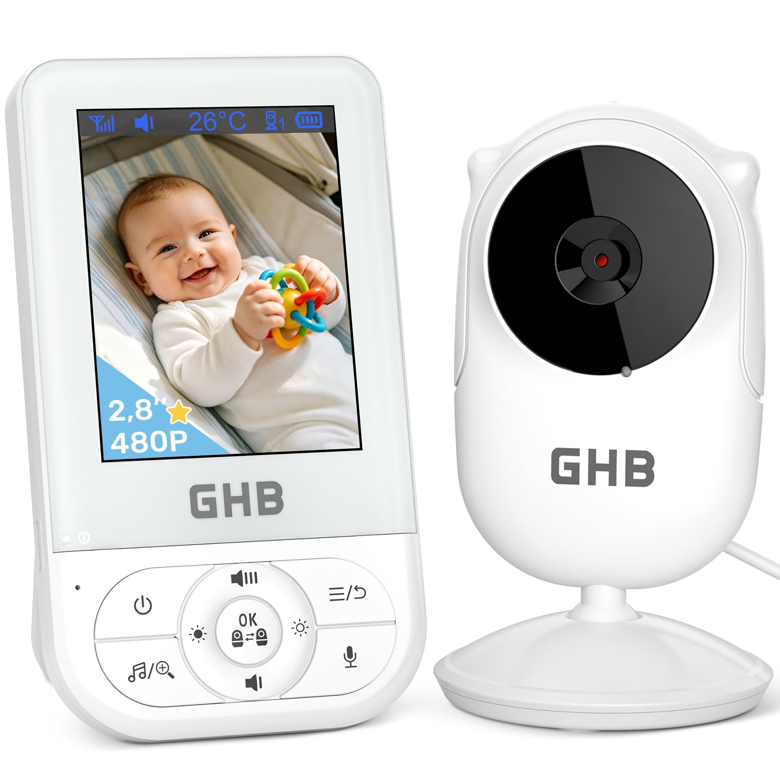 GHB Camara Vigilancia Bebe Vigilabebes con Camara de Pantalla 2.8" HD