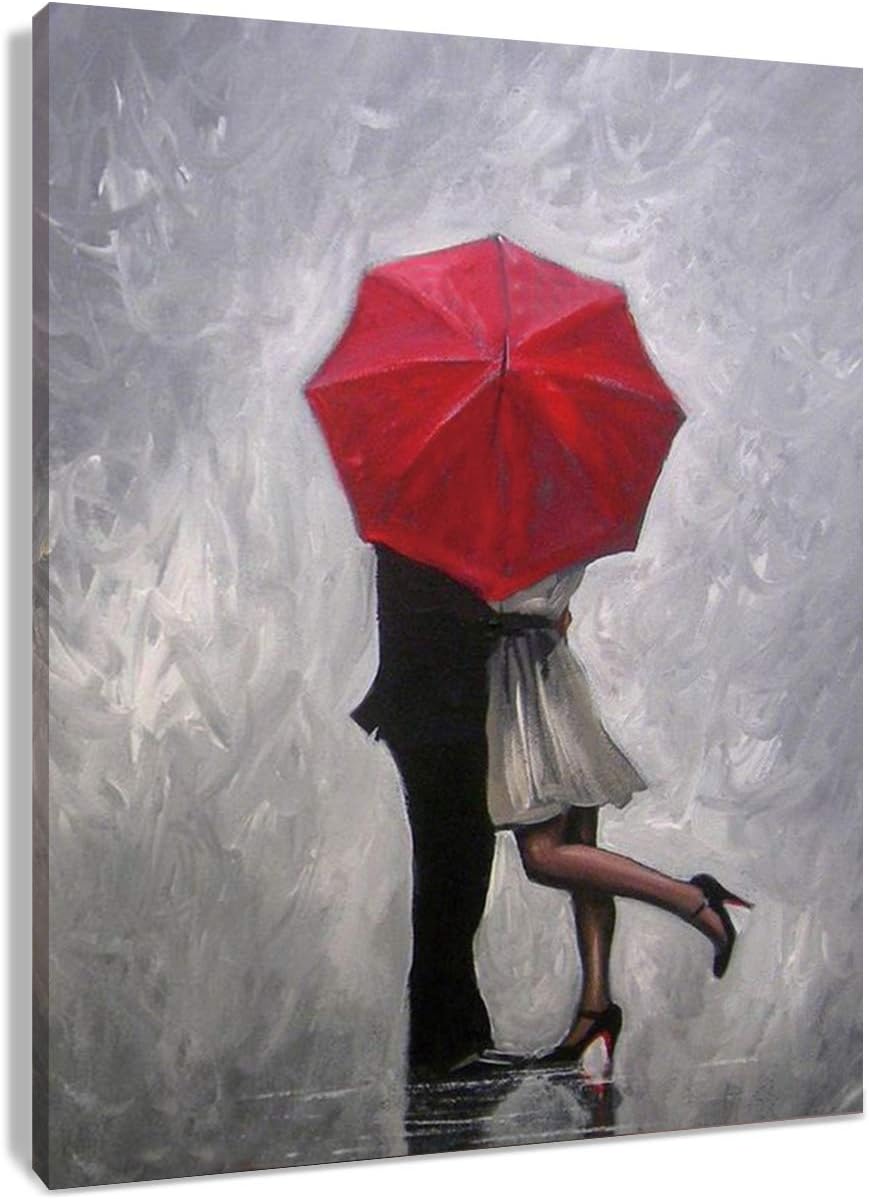 HVEST Lovers Canvas Wall Art-Couple Kissing in Rain with Red Umbrella Artwork Romantic Painting for Living Room Bedroom Bathroom Wall Decor,Stretched and Framed Ready to Hang,16x20 inches