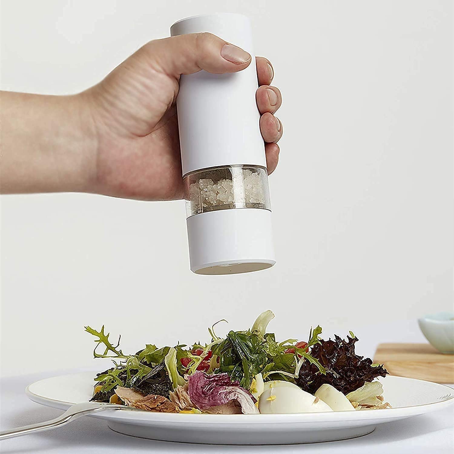 Macinapepe elettrico set di 2, macina sale e pepe automatico, 5 marce a grossolanità regolabile alimentato a batteria